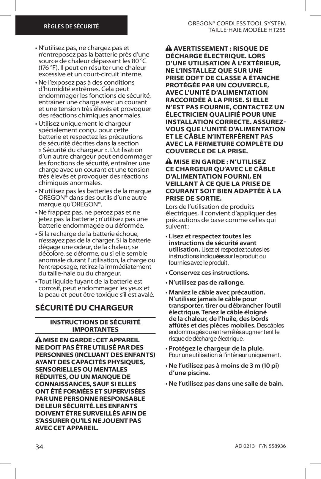 Oregon HT255 Sécurité DU Chargeur, Conservez ces instructions ’utilisez pas de rallonge, Protégez le chargeur de la pluie 