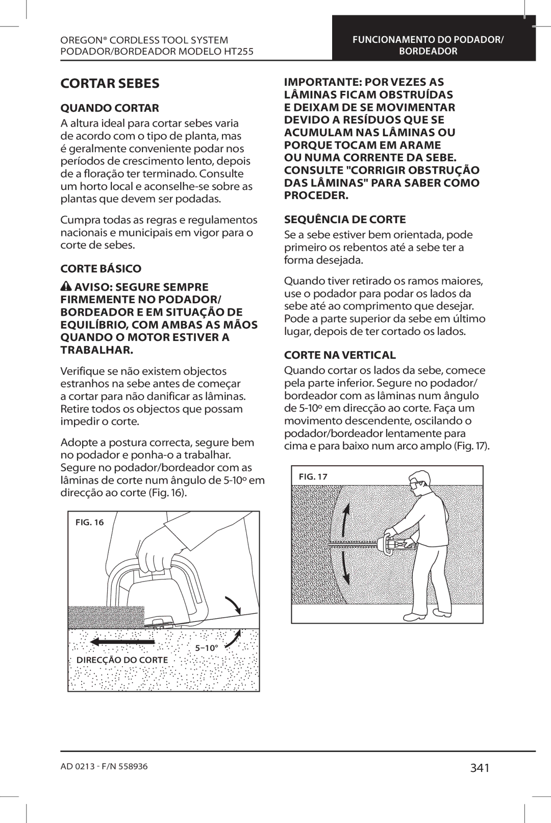 Oregon HT255 instruction manual Cortar Sebes, 341, Quando Cortar, Corte NA Vertical 