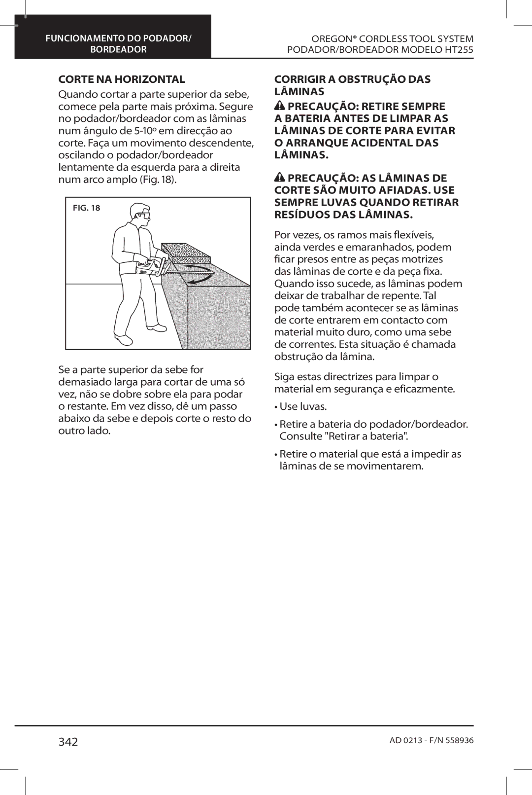 Oregon HT255 instruction manual 342, Corte NA Horizontal 