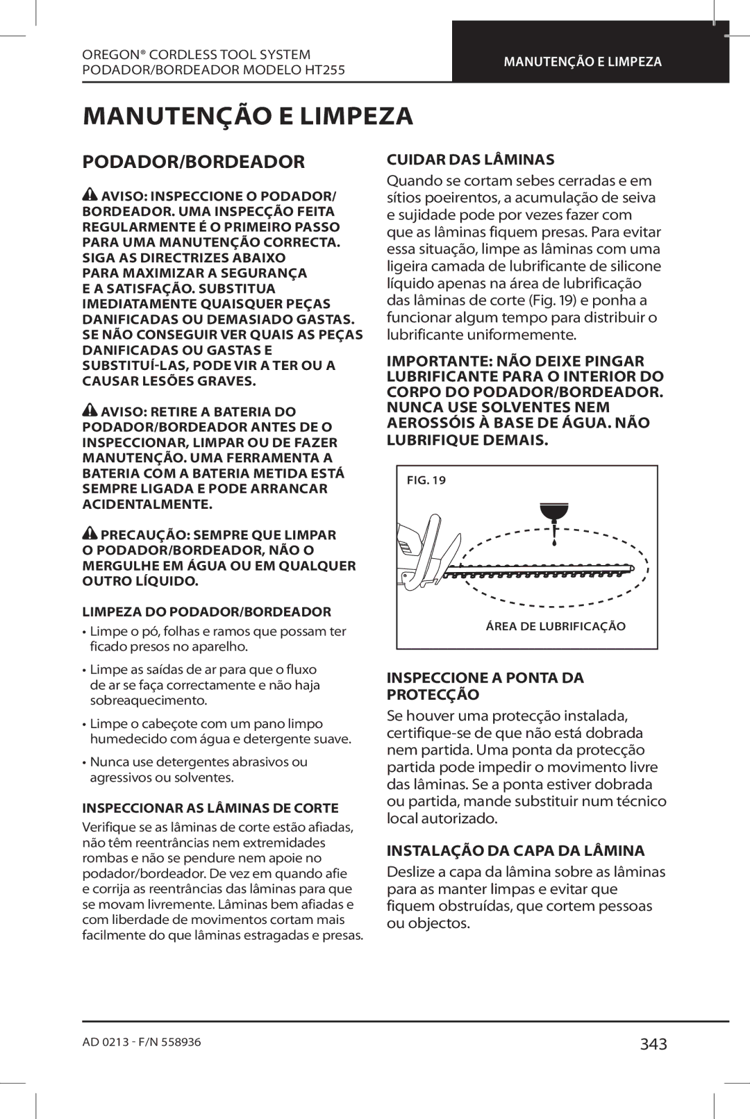 Oregon HT255 instruction manual Manutenção E Limpeza, Podador/Bordeador, 343 