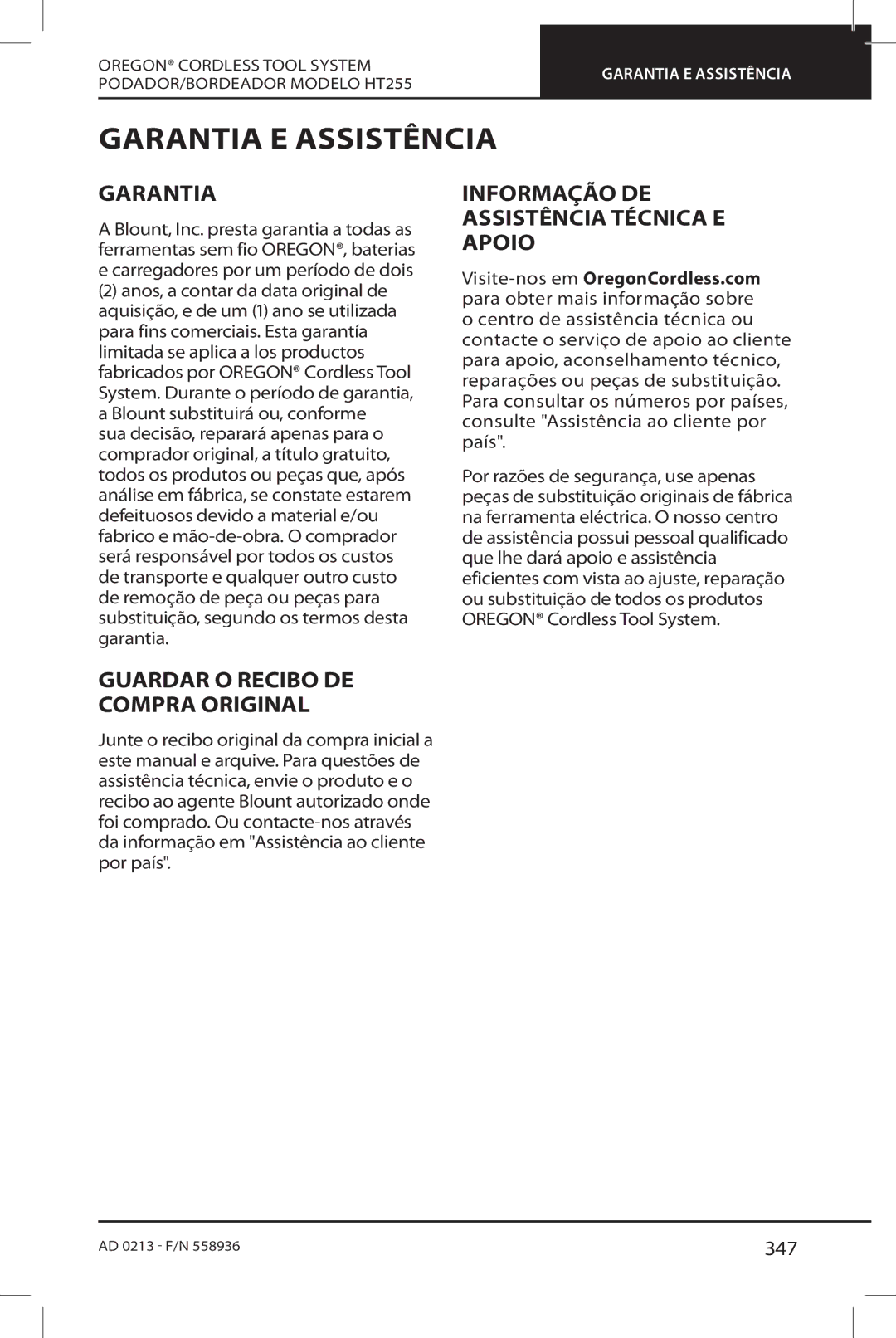 Oregon HT255 Garantia E Assistência, Informação DE Assistência Técnica E Apoio, Guardar O Recibo DE Compra Original, 347 