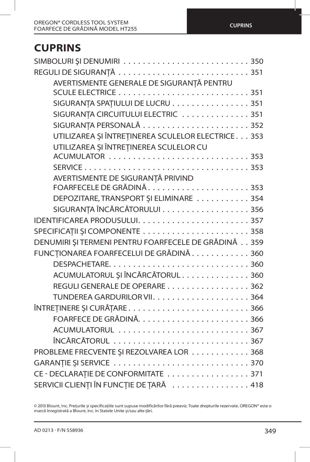 Oregon HT255 instruction manual Cuprins, 349 