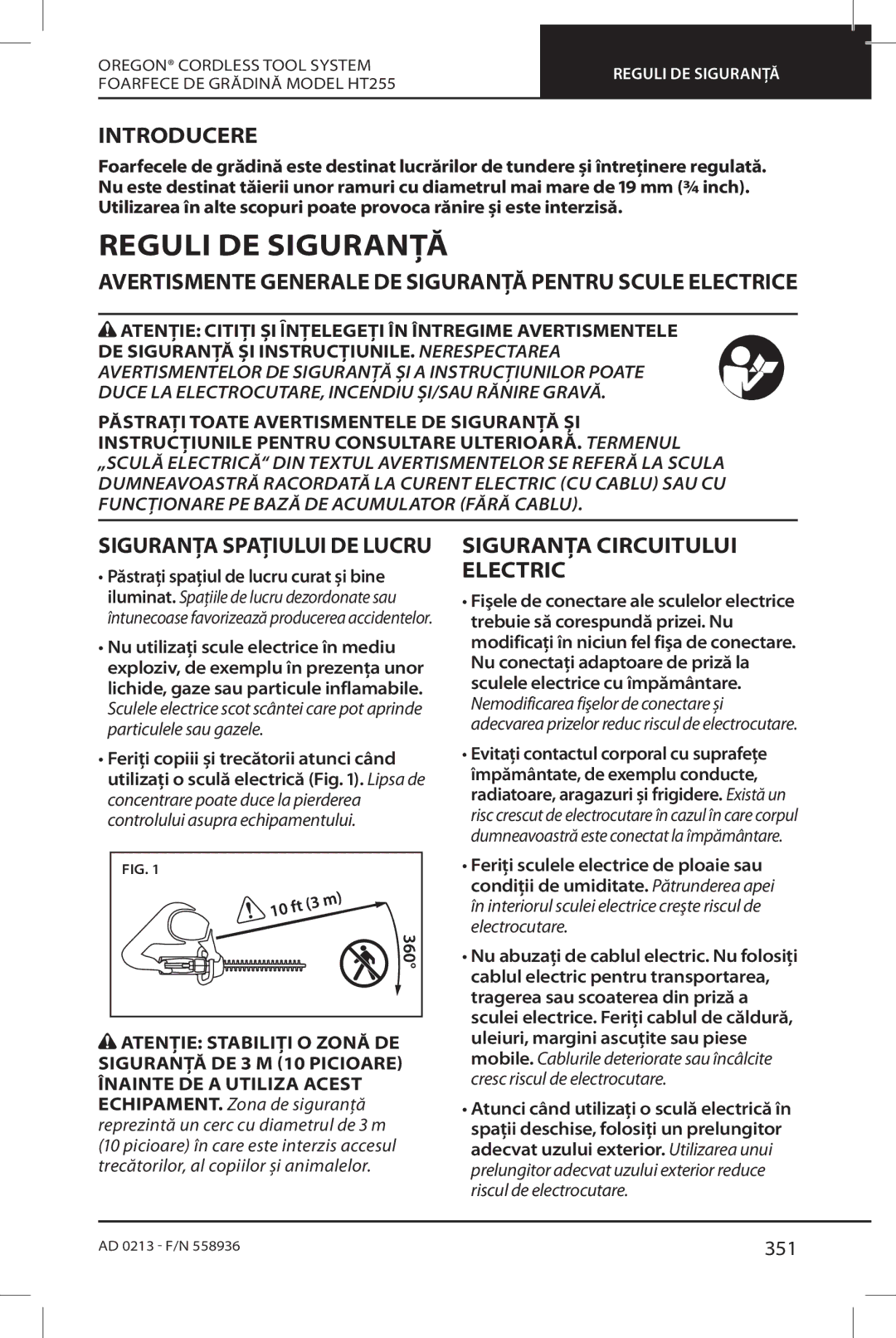 Oregon HT255 Reguli DE Siguranță, Introducere, Siguranța Circuitului Electric, Siguranța Spațiului DE Lucru 