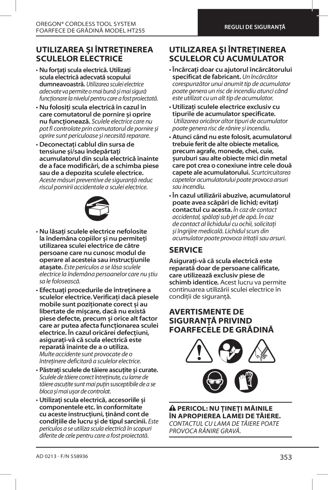 Oregon HT255 Avertismente DE, Utilizarea ȘI Întreținerea Sculelor Electrice, Siguranță Privind Foarfecele DE Grădină, 353 