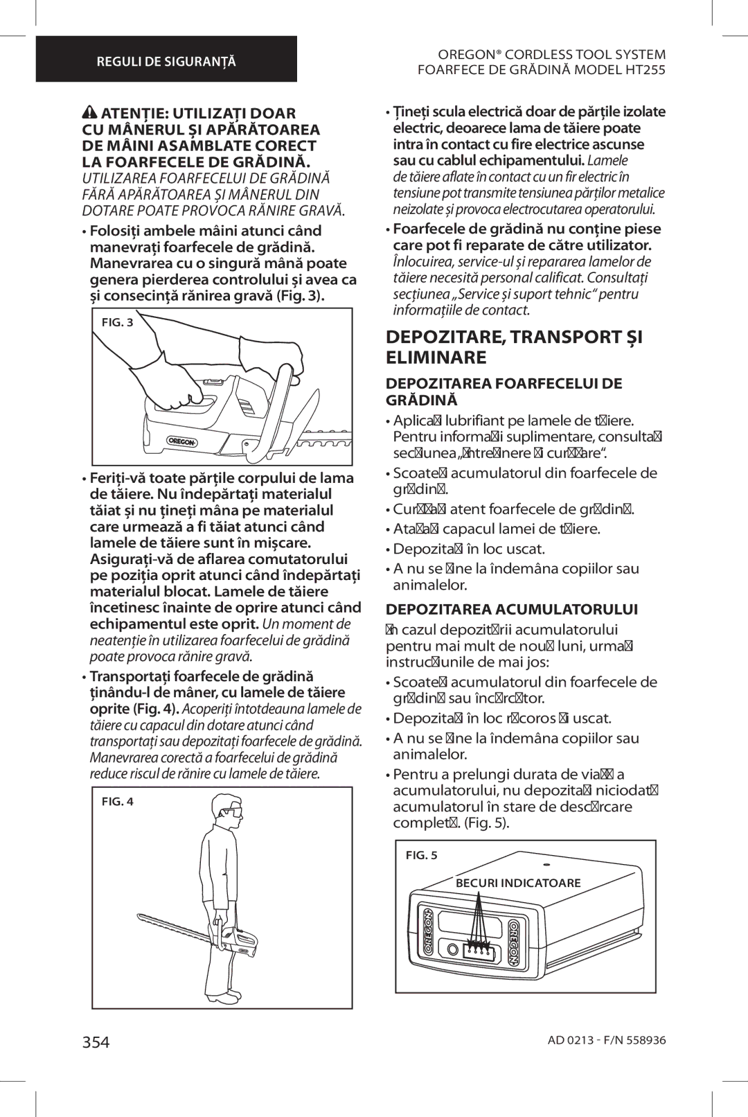 Oregon HT255 instruction manual DEPOZITARE, Transport ȘI 