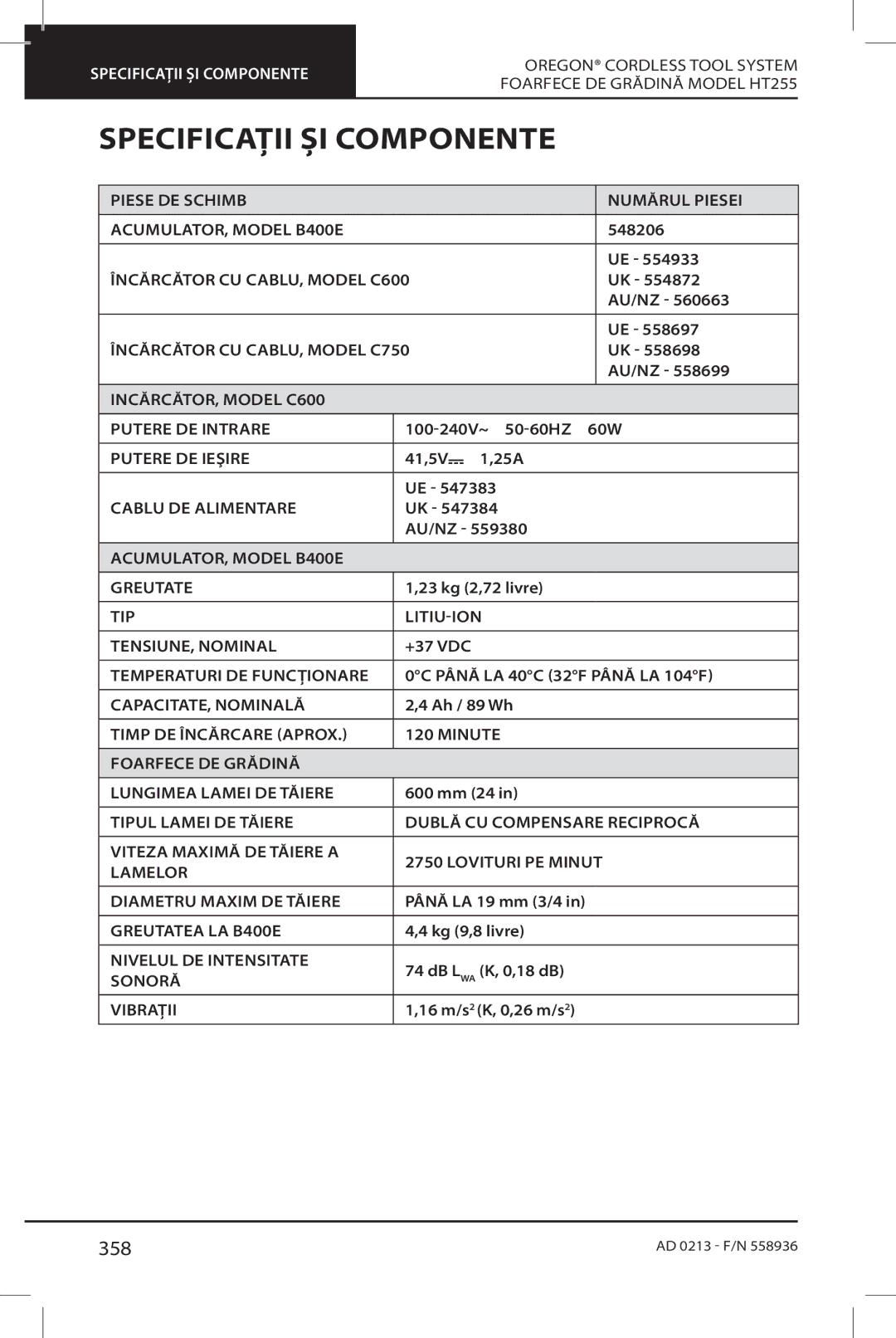 Oregon HT255 instruction manual Specificaţii ȘI Componente, 358 