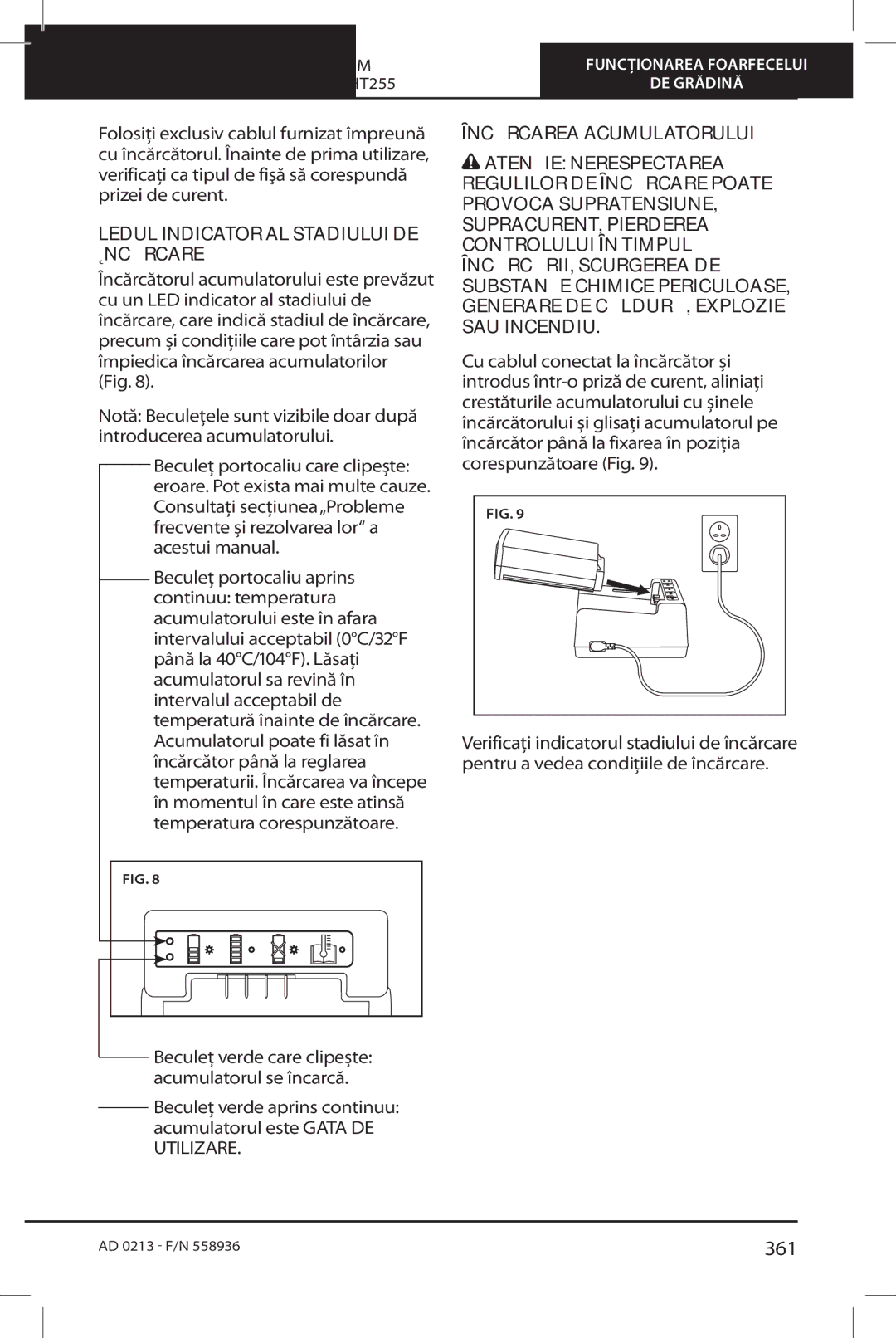 Oregon HT255 instruction manual 361, Ledul Indicator AL Stadiului DE Încărcare 