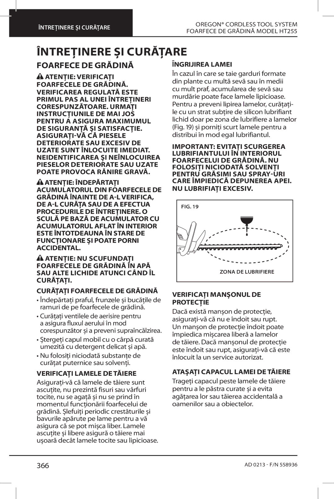 Oregon HT255 instruction manual Întreținere ȘI Curățare, Foarfece DE Grădină, 366 