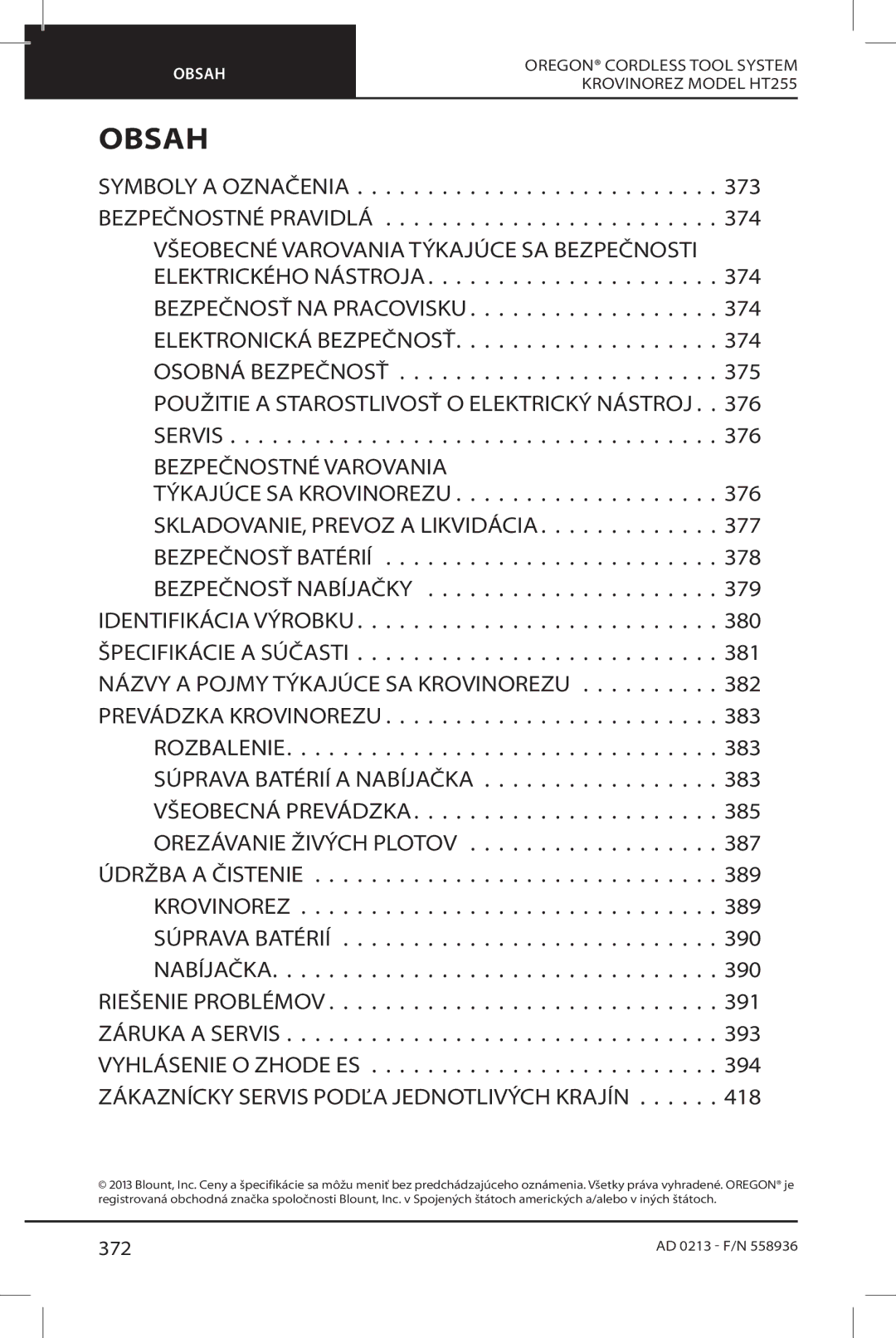 Oregon HT255 instruction manual Zákaznícky Servis Podľa Jednotlivých Krajín, 372 