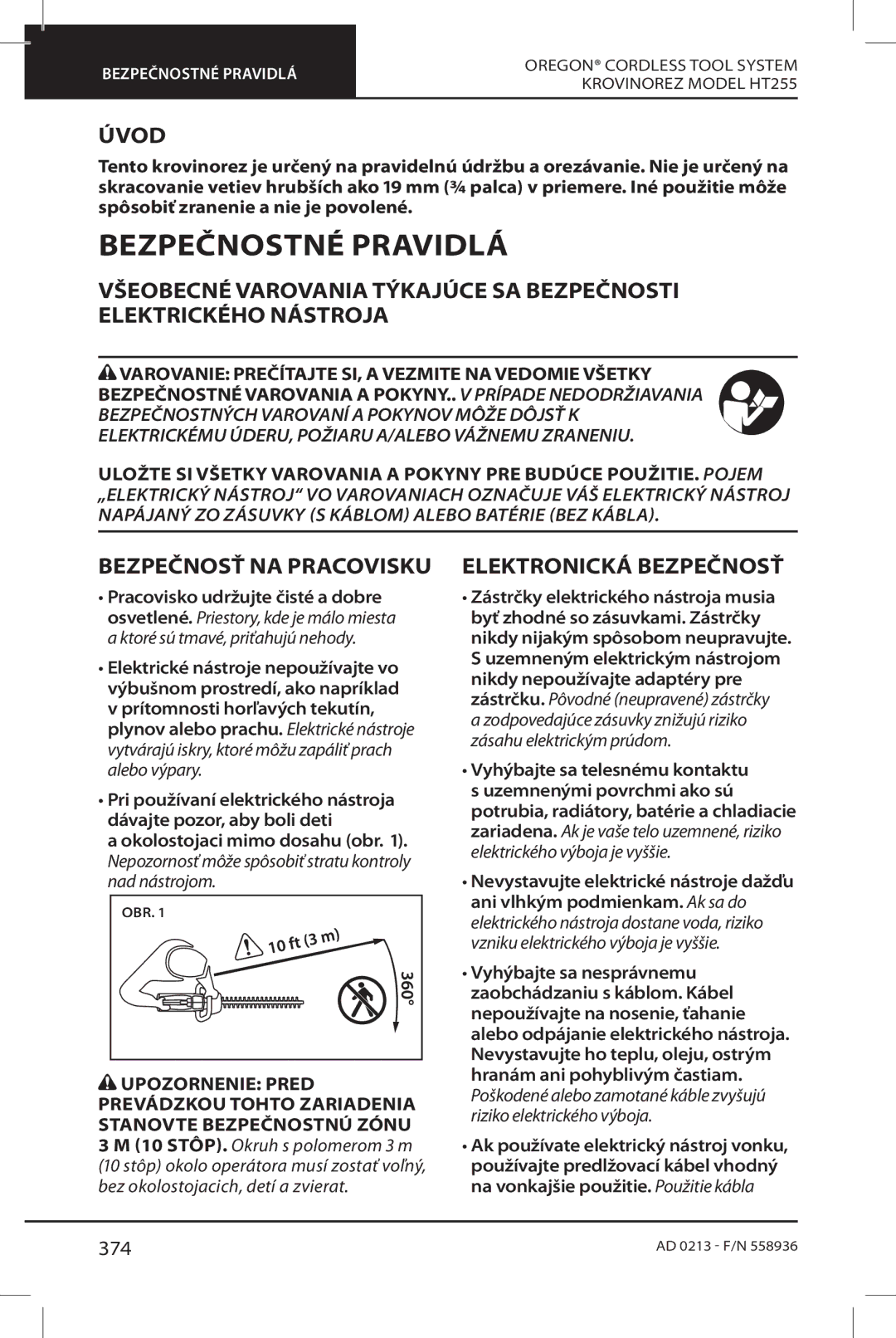 Oregon HT255 instruction manual Bezpečnostné Pravidlá, Bezpečnosť NA Pracovisku, Elektronická Bezpečnosť, 374 