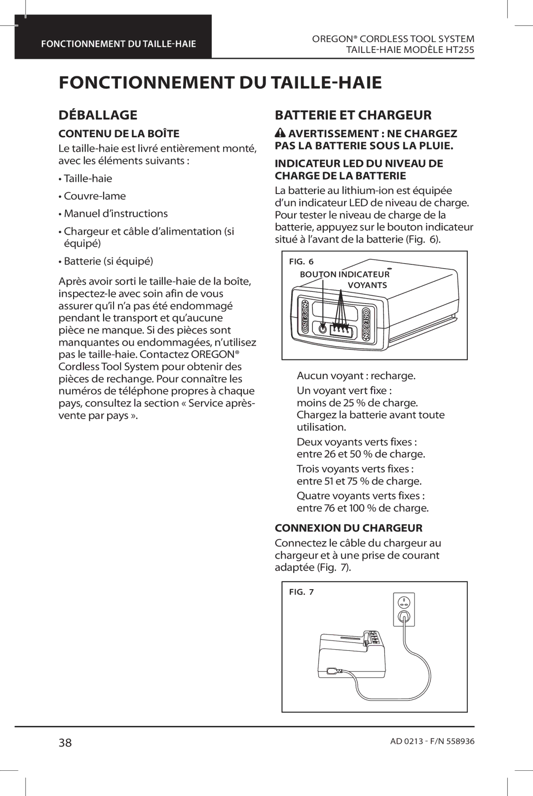 Oregon HT255 Fonctionnement DU TAILLE-HAIE, Déballage, Batterie ET Chargeur, Contenu DE LA Boîte, Connexion DU Chargeur 