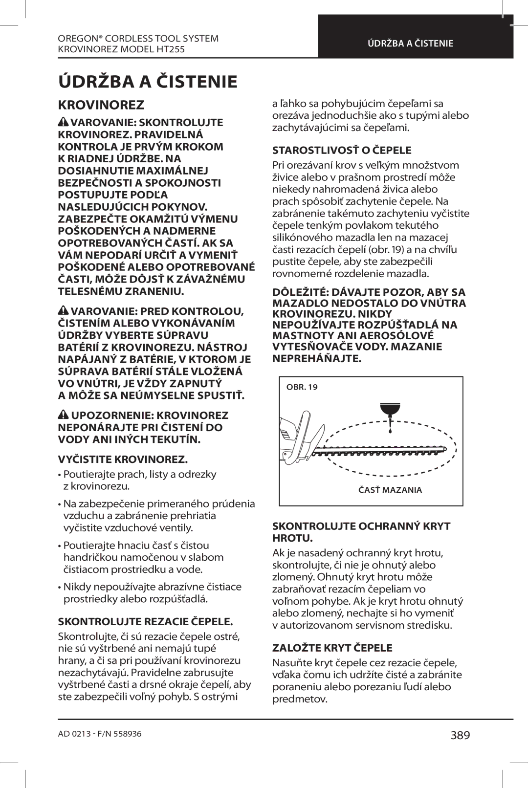 Oregon HT255 instruction manual Údržba a Čistenie, Krovinorez, 389 