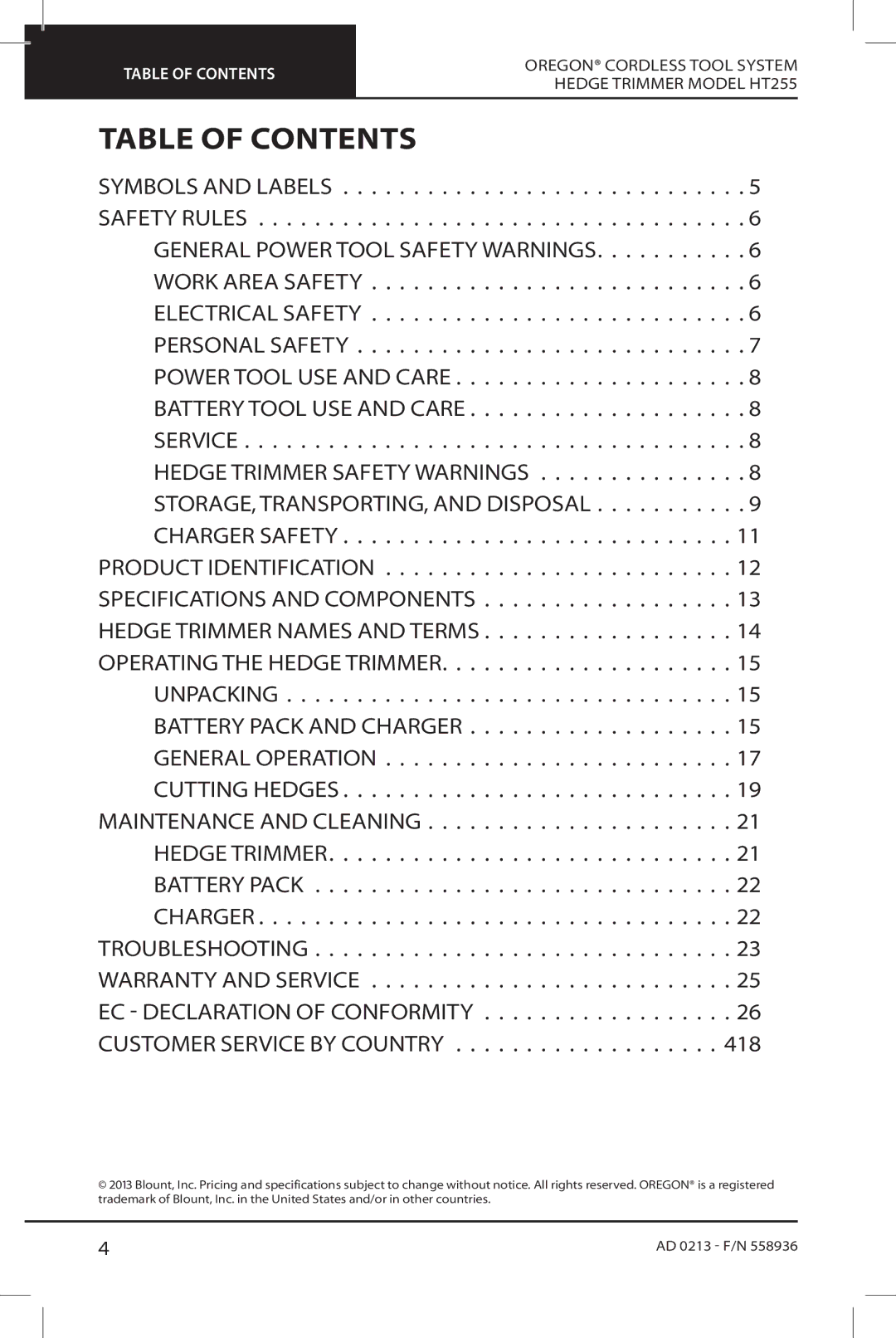 Oregon HT255 instruction manual Table of Contents 