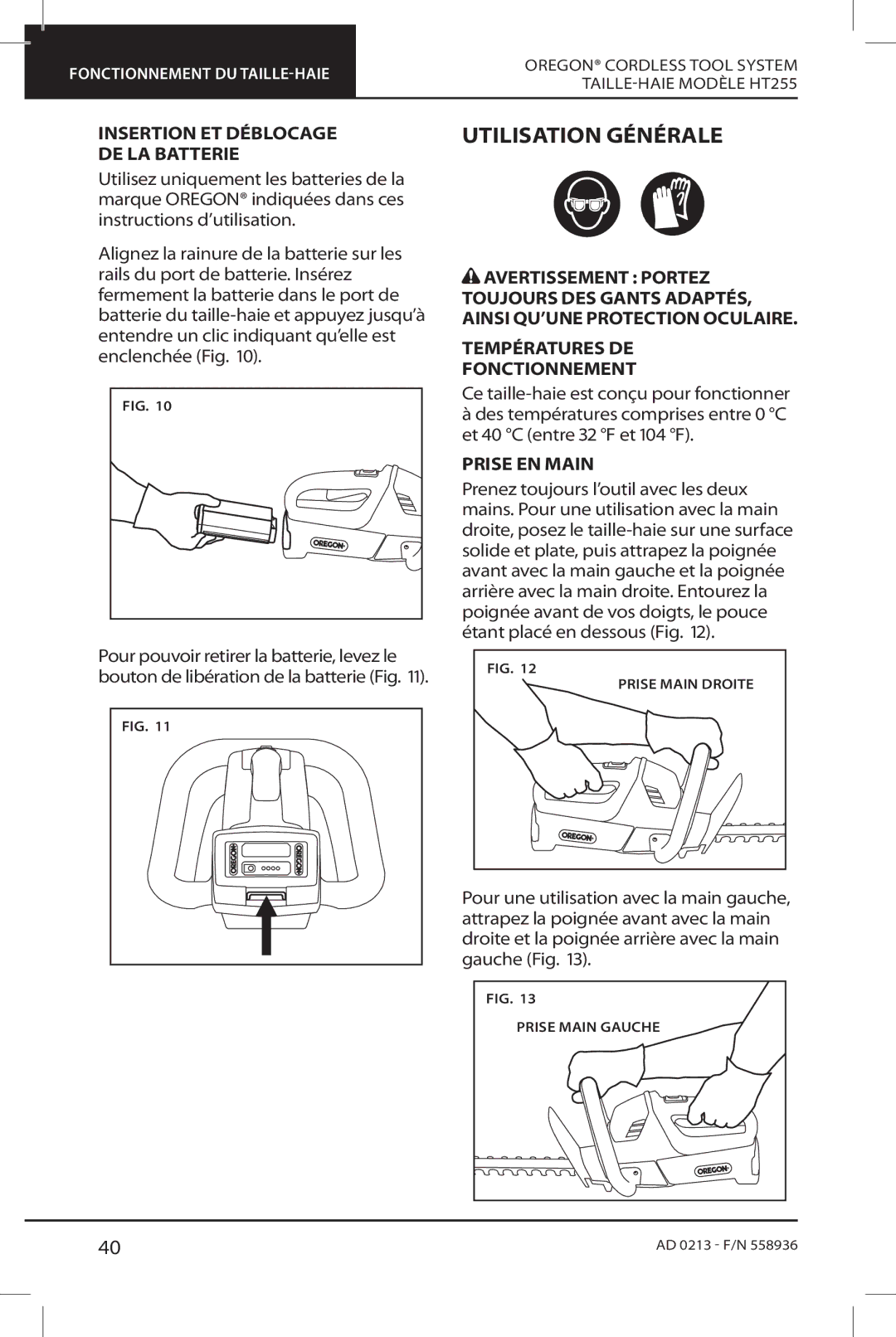 Oregon HT255 instruction manual Utilisation Générale, Insertion ET Déblocage DE LA Batterie, Prise EN Main 