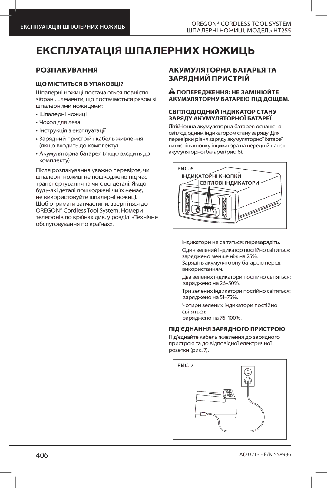 Oregon HT255 Експлуатація Шпалерних Ножиць, 406, ЩО Міститься В УПАКОВЦІ?, ПІД’ЄДНАННЯ Зарядного Пристрою 