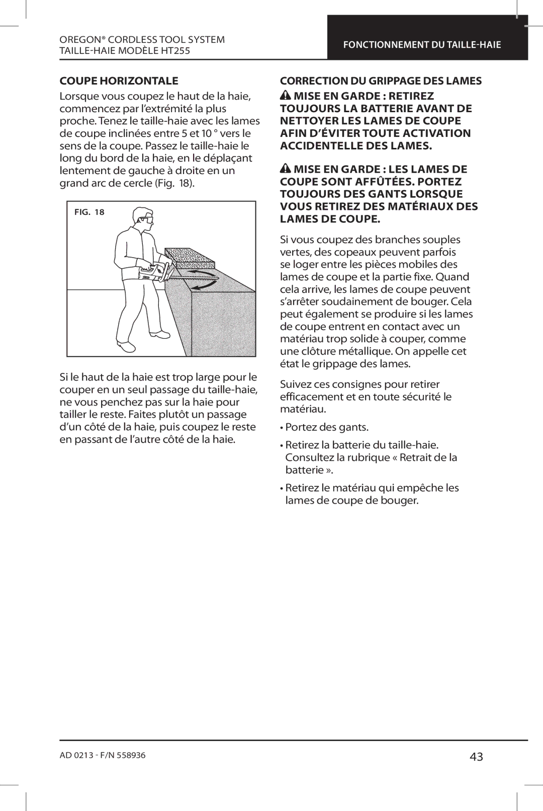 Oregon HT255 instruction manual Coupe Horizontale 