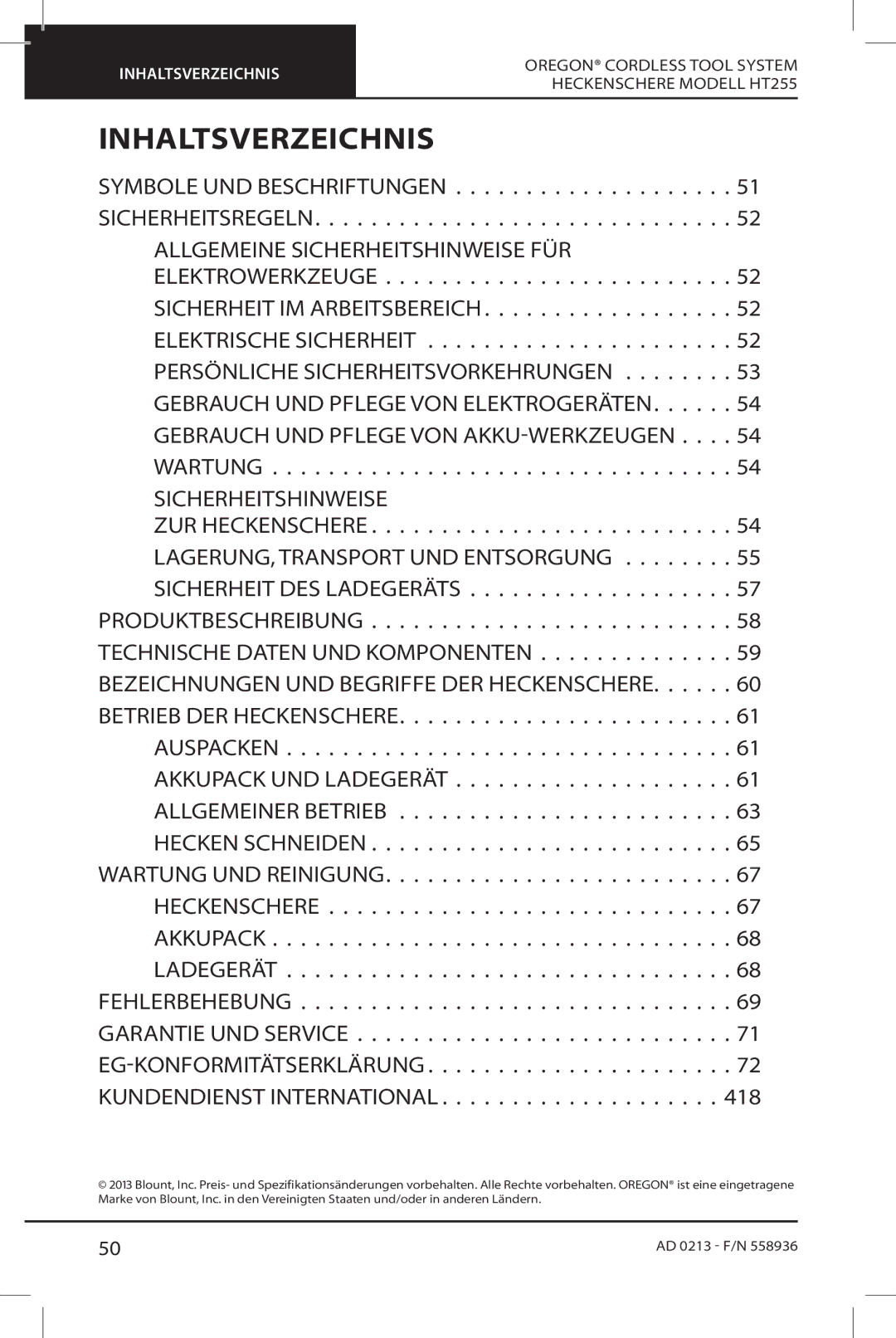 Oregon HT255 instruction manual Inhaltsverzeichnis 