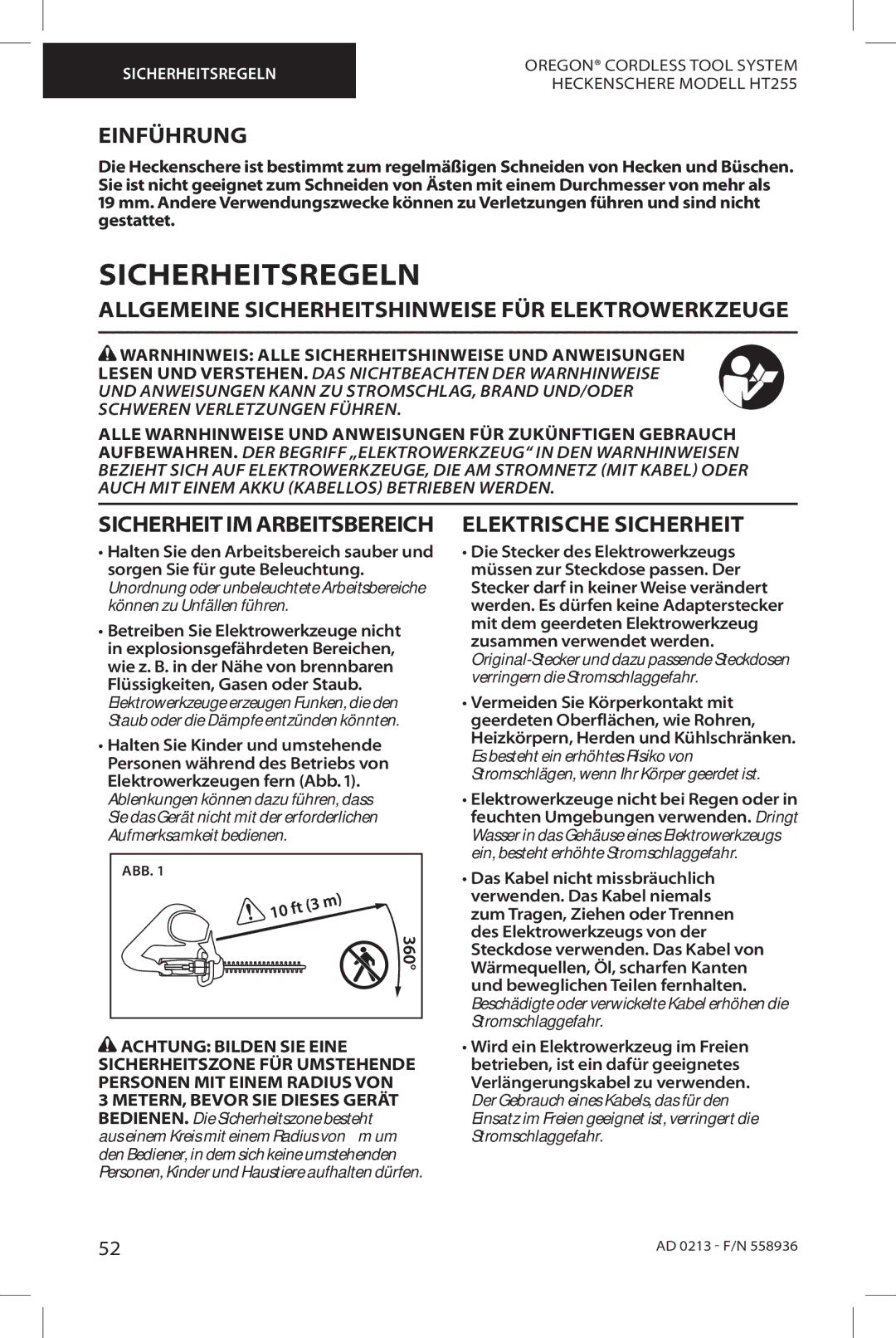 Oregon HT255 Sicherheitsregeln, Einführung, Allgemeine Sicherheitshinweise FÜR Elektrowerkzeuge, Elektrische Sicherheit 