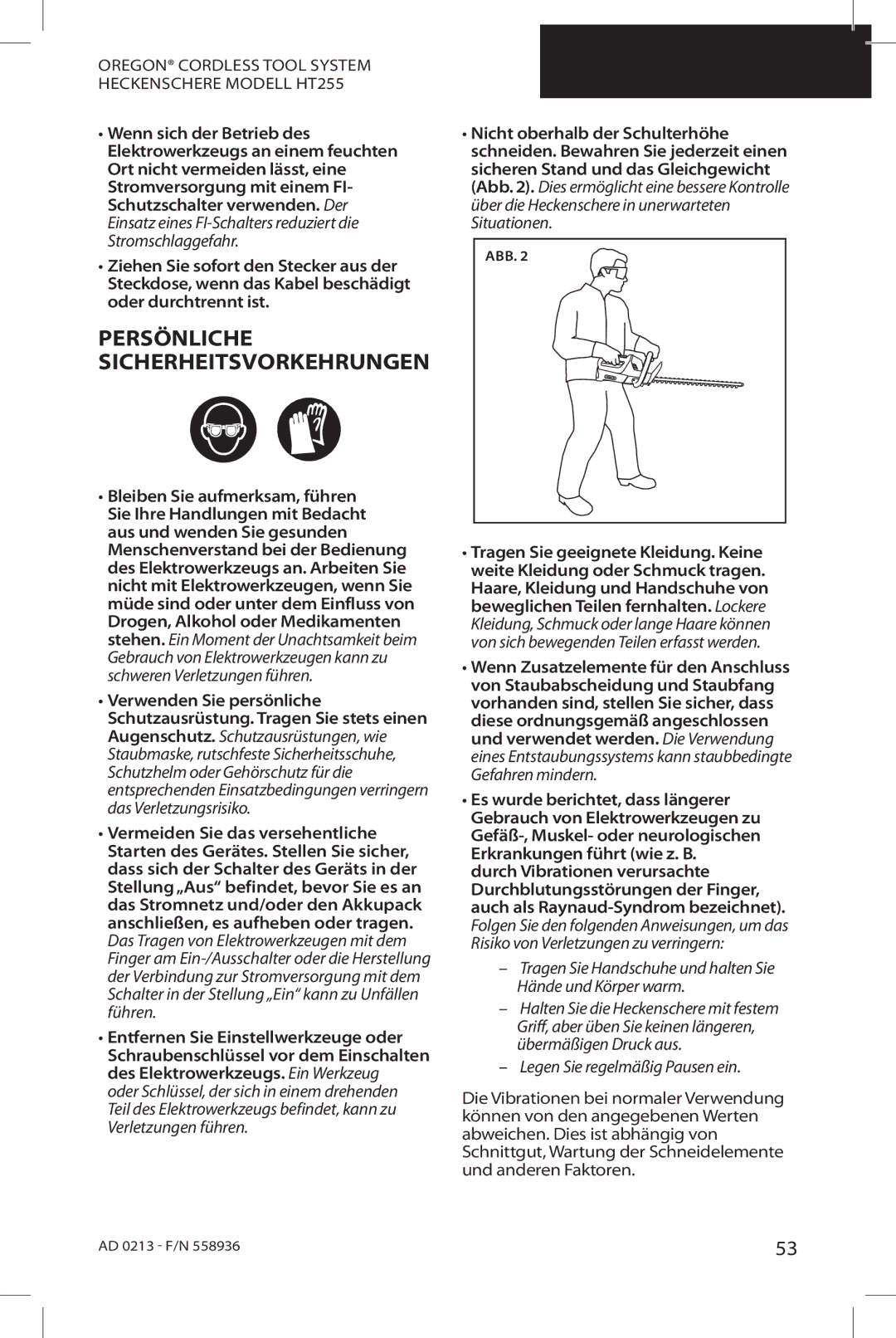 Oregon HT255 instruction manual Persönliche Sicherheitsvorkehrungen 