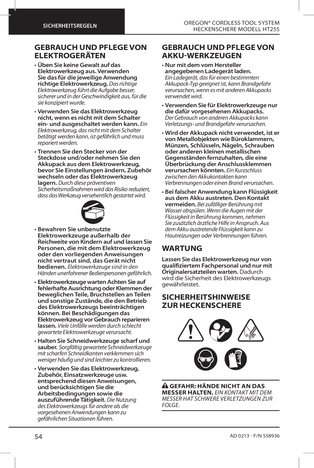 Oregon HT255 instruction manual Gebrauch UND Pflege VON Elektrogeräten, Gebrauch UND Pflege VON AKKU-WERKZEUGEN, Wartung 