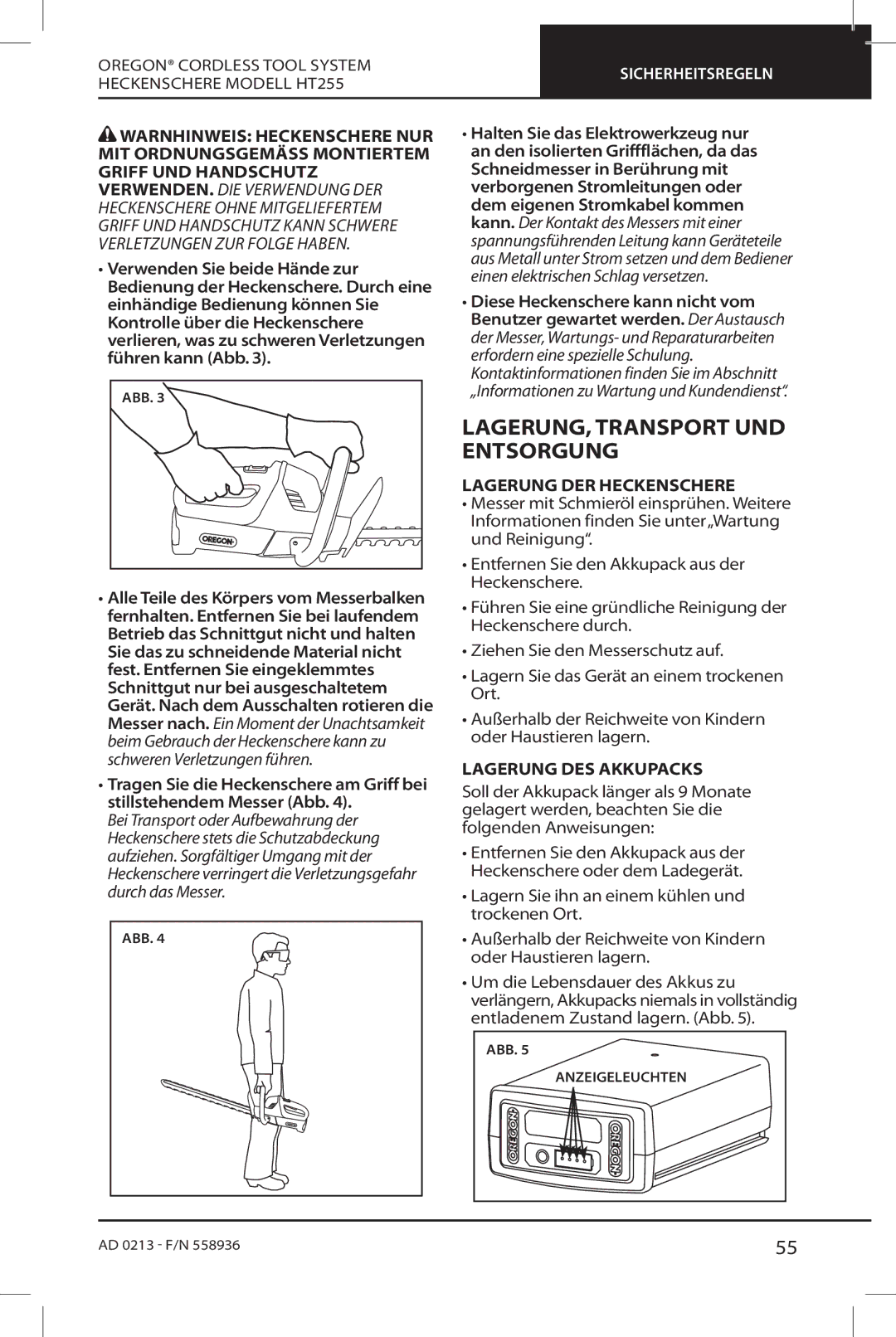 Oregon HT255 instruction manual LAGERUNG, Transport UND Entsorgung, Lagerung DER Heckenschere, Lagerung DES Akkupacks 