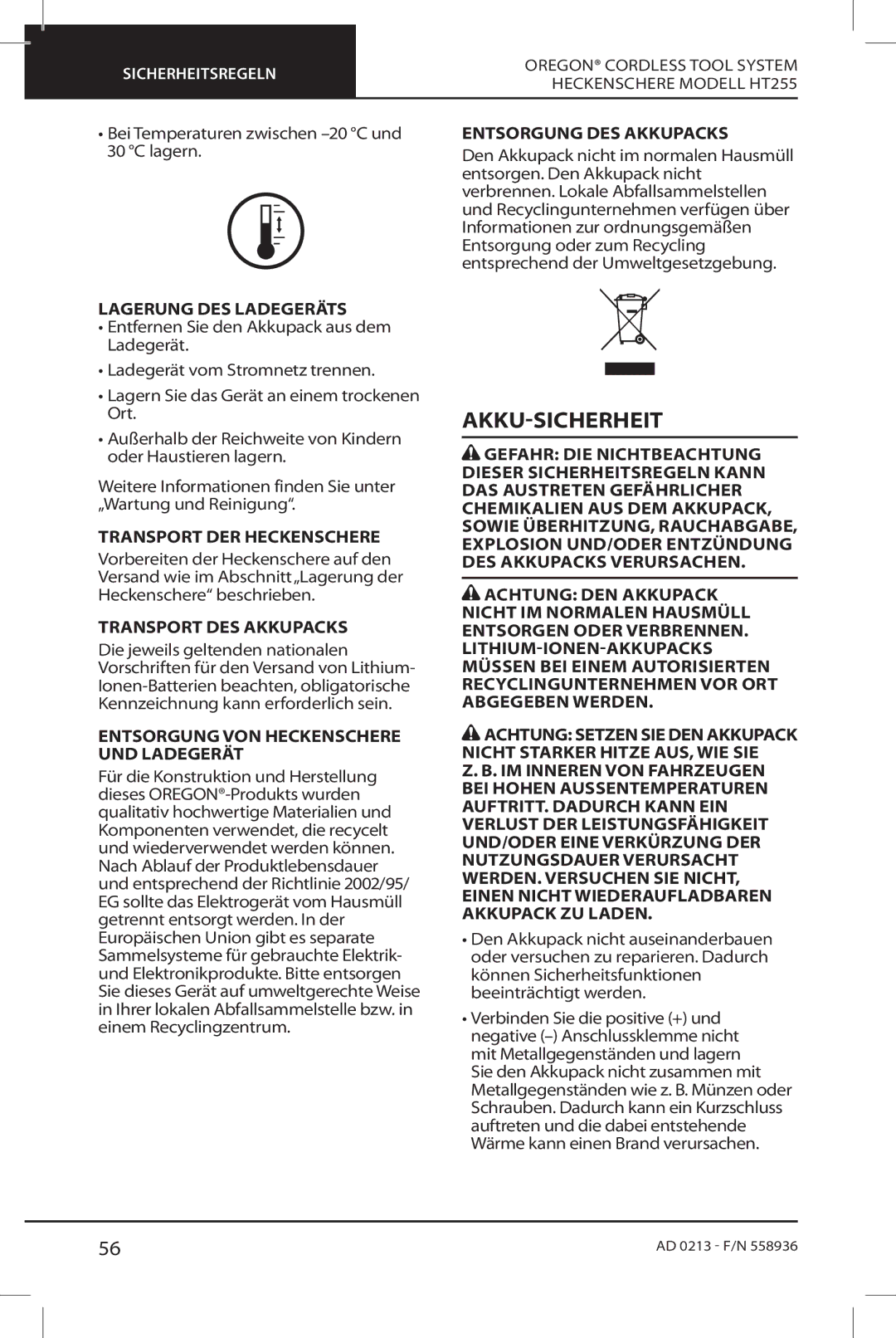 Oregon HT255 instruction manual Akku-Sicherheit 