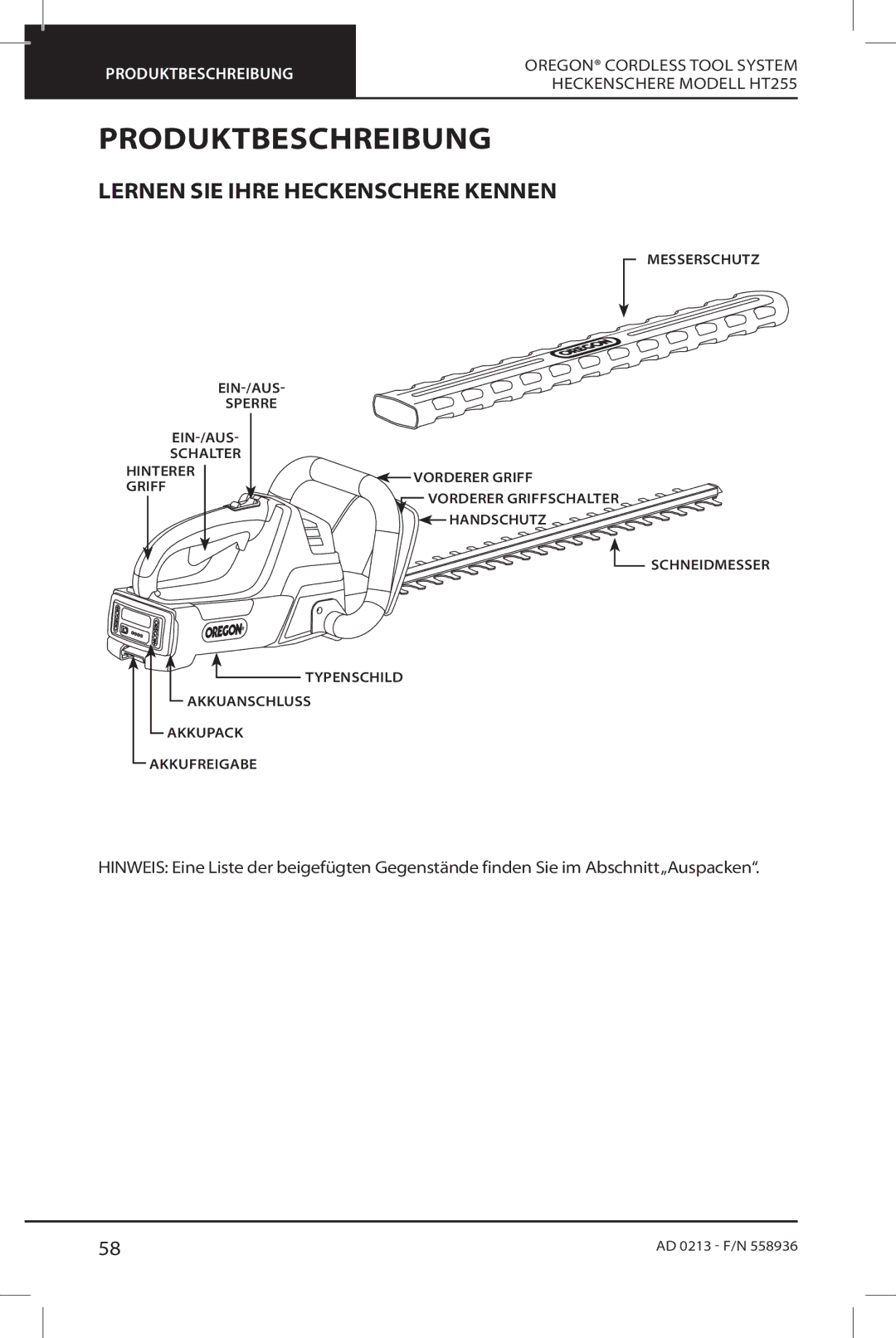 Oregon HT255 instruction manual Produktbeschreibung, Lernen SIE Ihre Heckenschere Kennen 