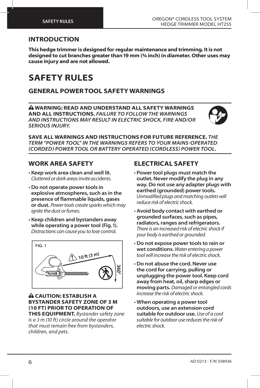 Oregon HT255 Safety Rules, Introduction, General Power Tool Safety Warnings, Work Area Safety, Electrical Safety 