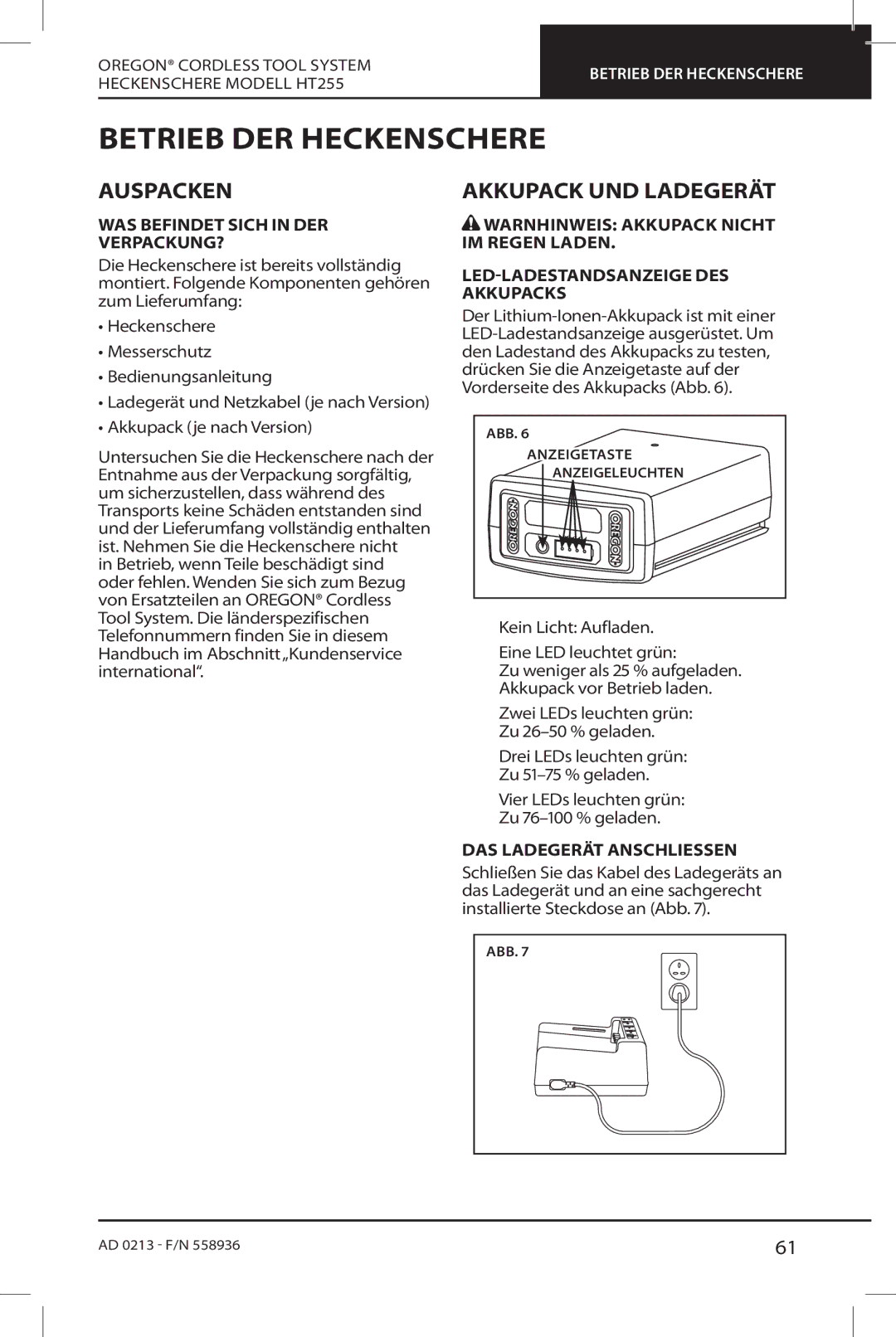 Oregon HT255 Betrieb DER Heckenschere, Auspacken, Akkupack UND Ladegerät, WAS Befindet Sich in DER VERPACKUNG? 