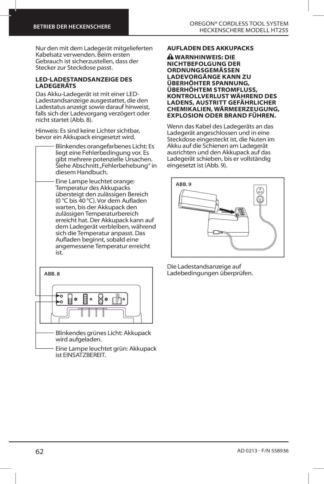 Oregon HT255 instruction manual LED-LADESTANDSANZEIGE DES Ladegeräts 