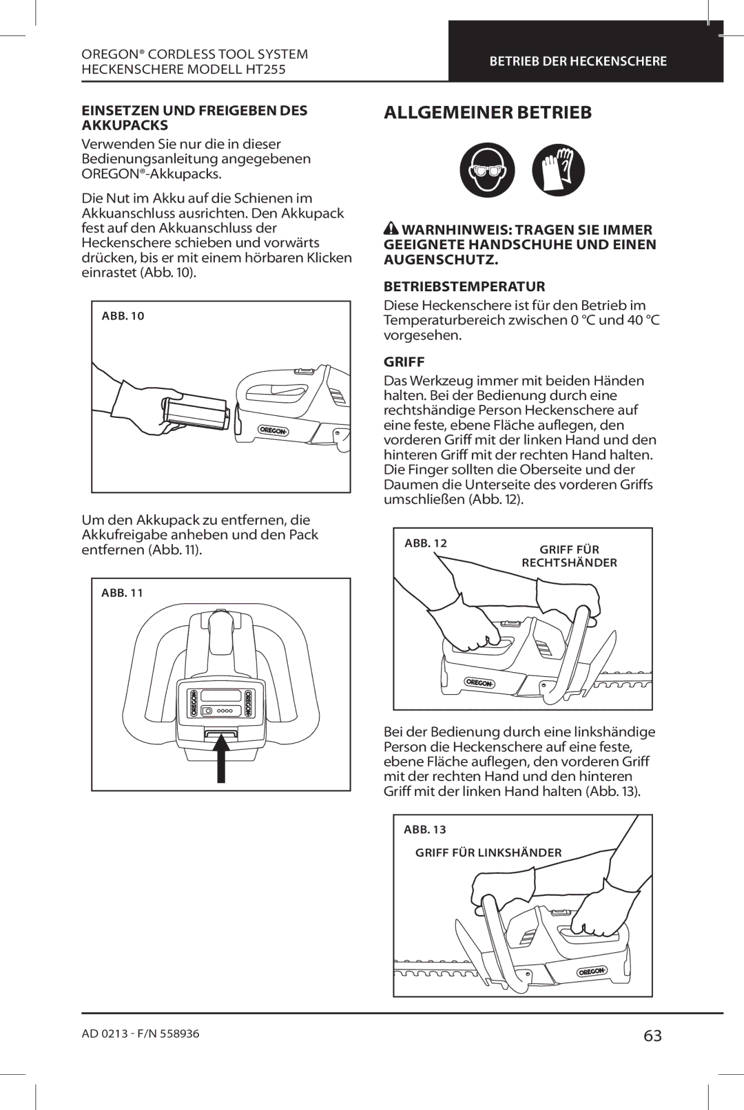 Oregon HT255 instruction manual Allgemeiner Betrieb, Einsetzen UND Freigeben DES Akkupacks, Griff 