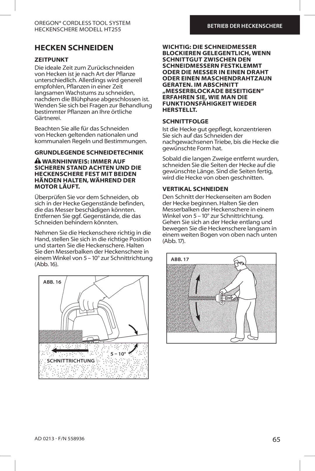 Oregon HT255 instruction manual Hecken Schneiden, Zeitpunkt, Vertikal Schneiden 