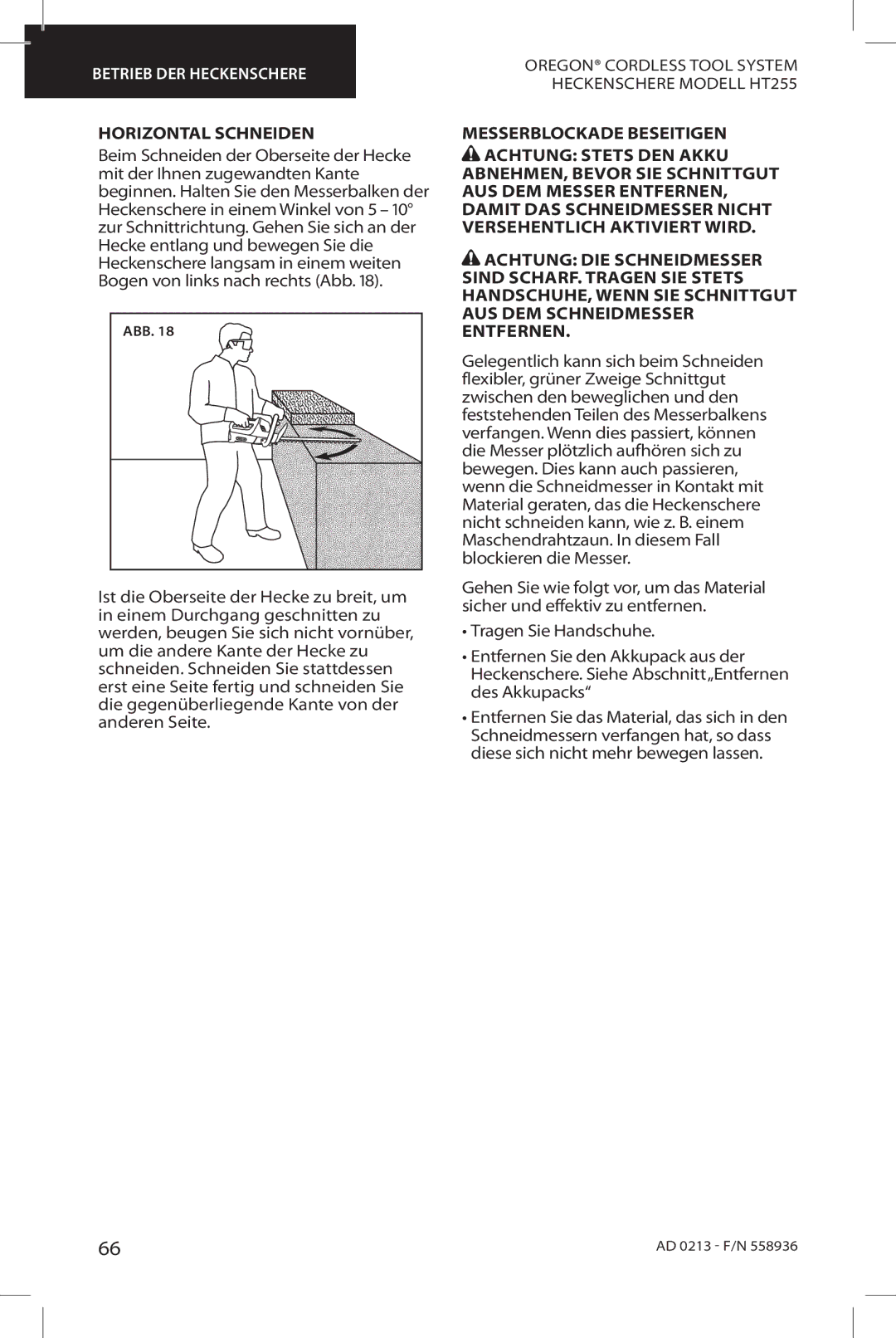 Oregon HT255 instruction manual Horizontal Schneiden 