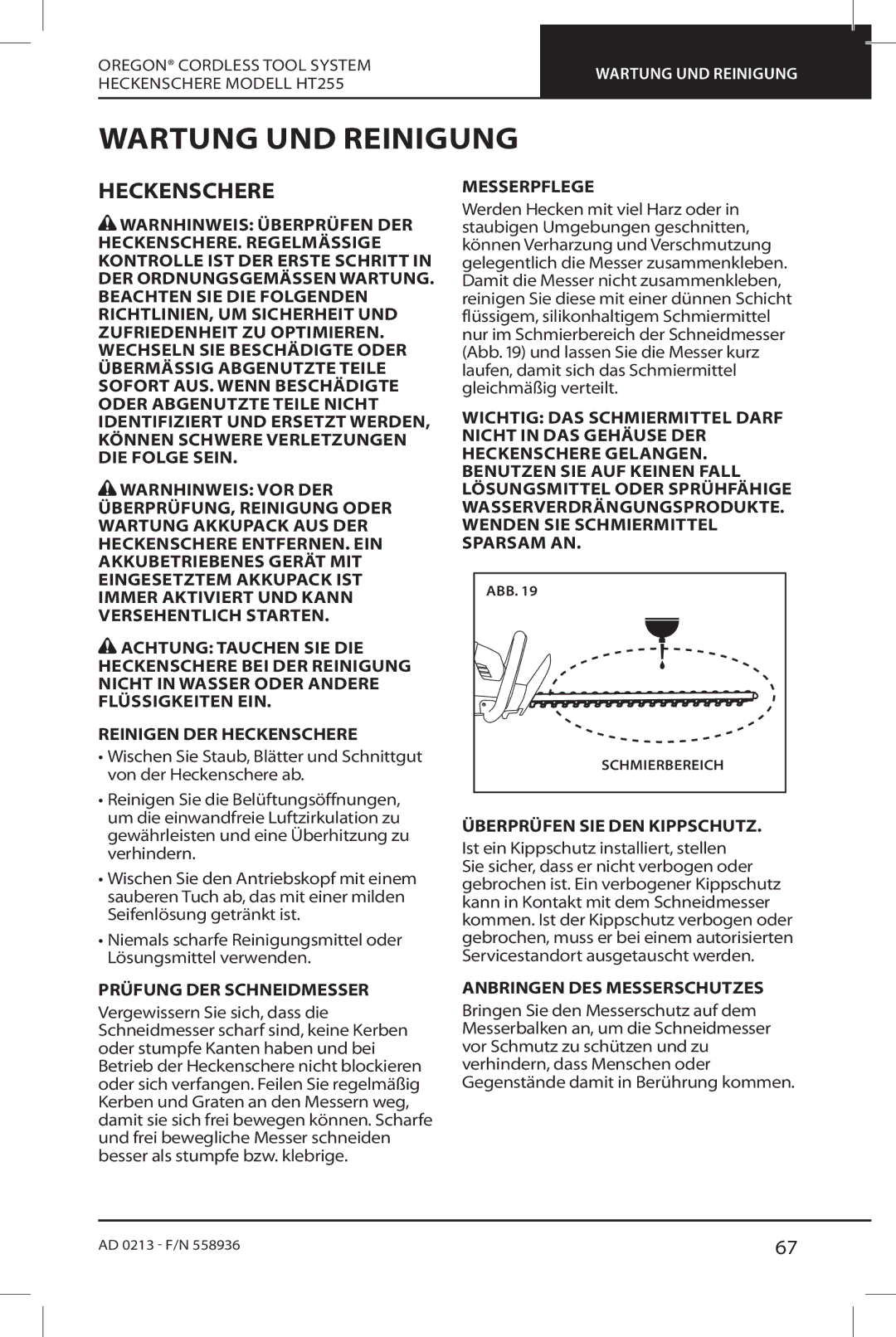 Oregon HT255 instruction manual Wartung UND Reinigung, Heckenschere 