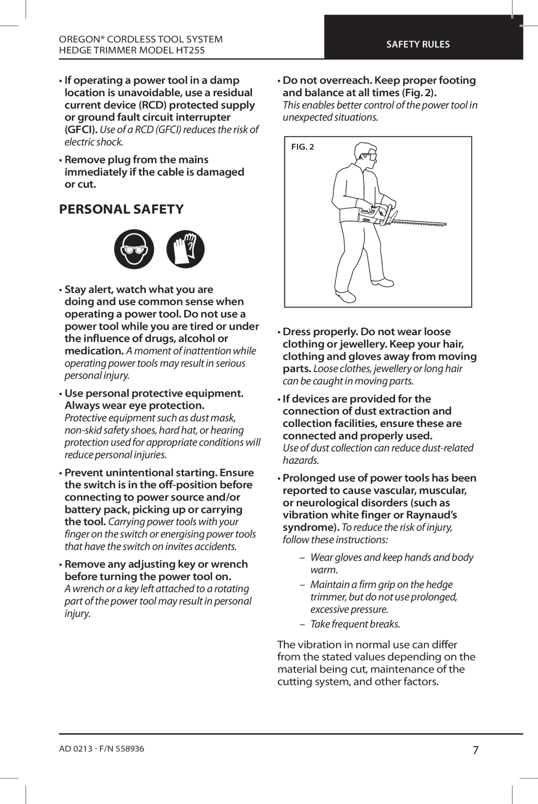 Oregon HT255 instruction manual Personal Safety, Take frequent breaks 