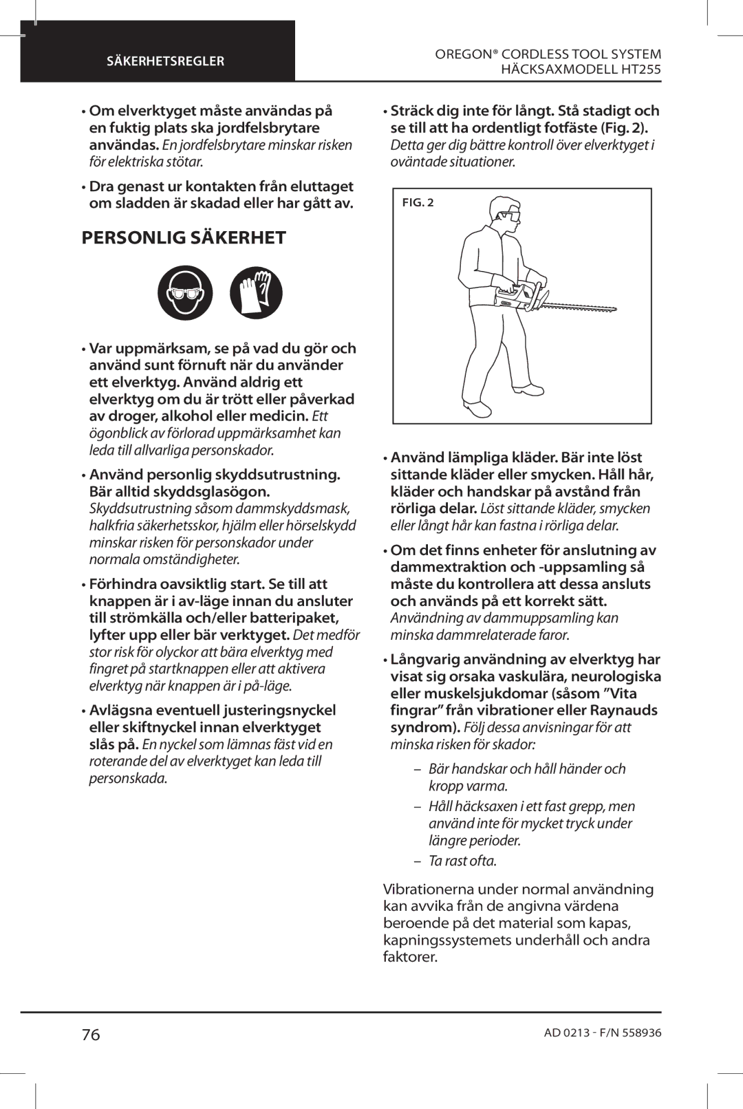 Oregon HT255 instruction manual Personlig Säkerhet 