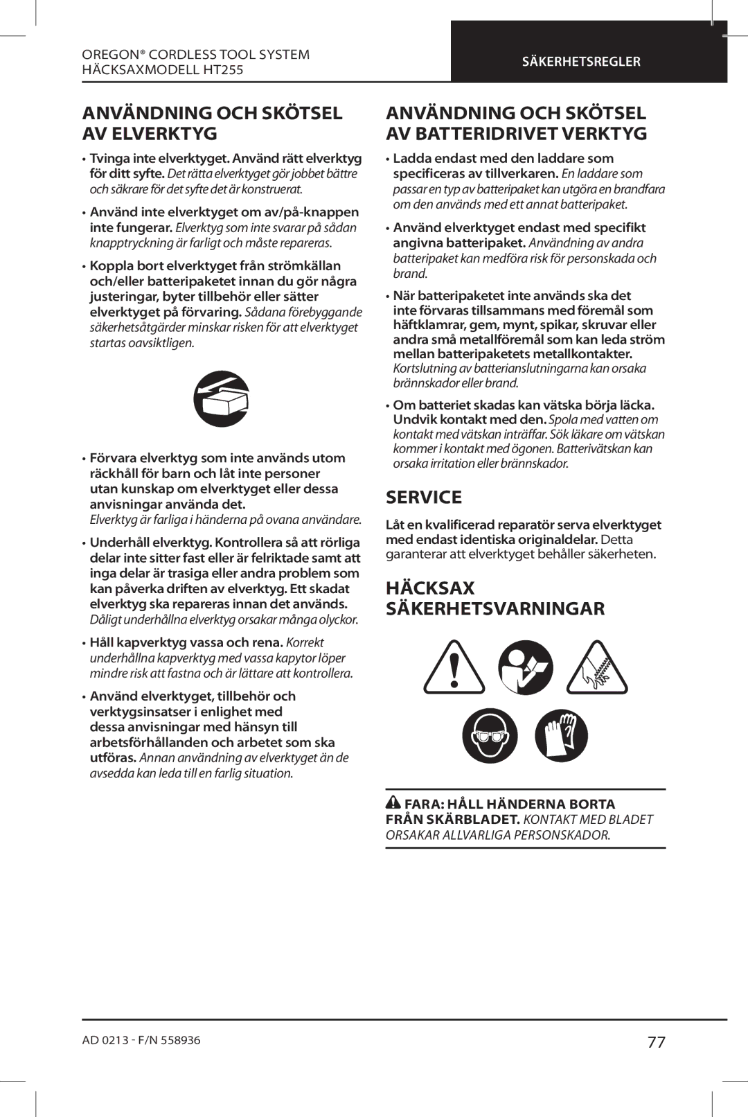 Oregon HT255 instruction manual Användning OCH Skötsel AV Elverktyg, Häcksax Säkerhetsvarningar 