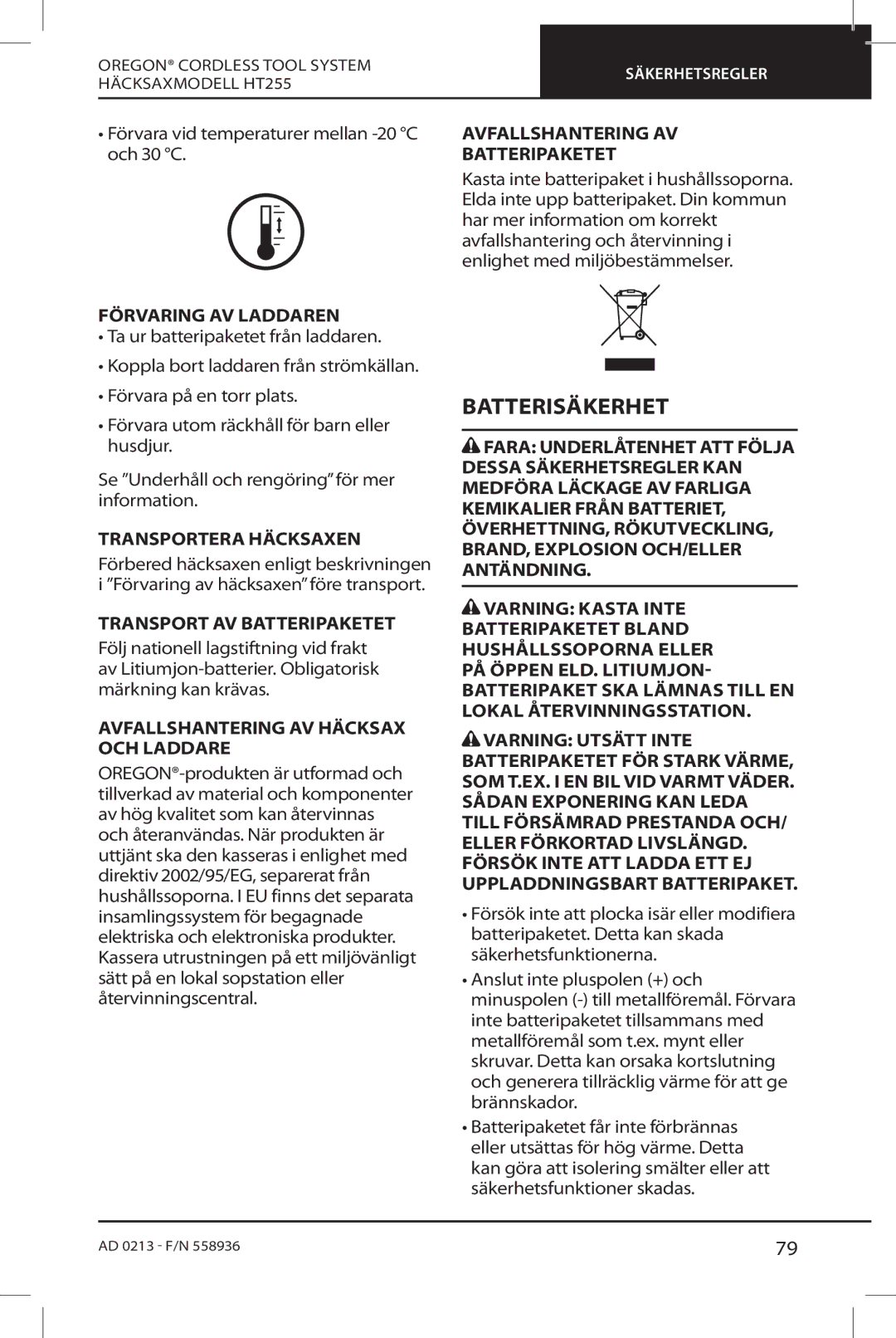 Oregon HT255 instruction manual Batterisäkerhet 