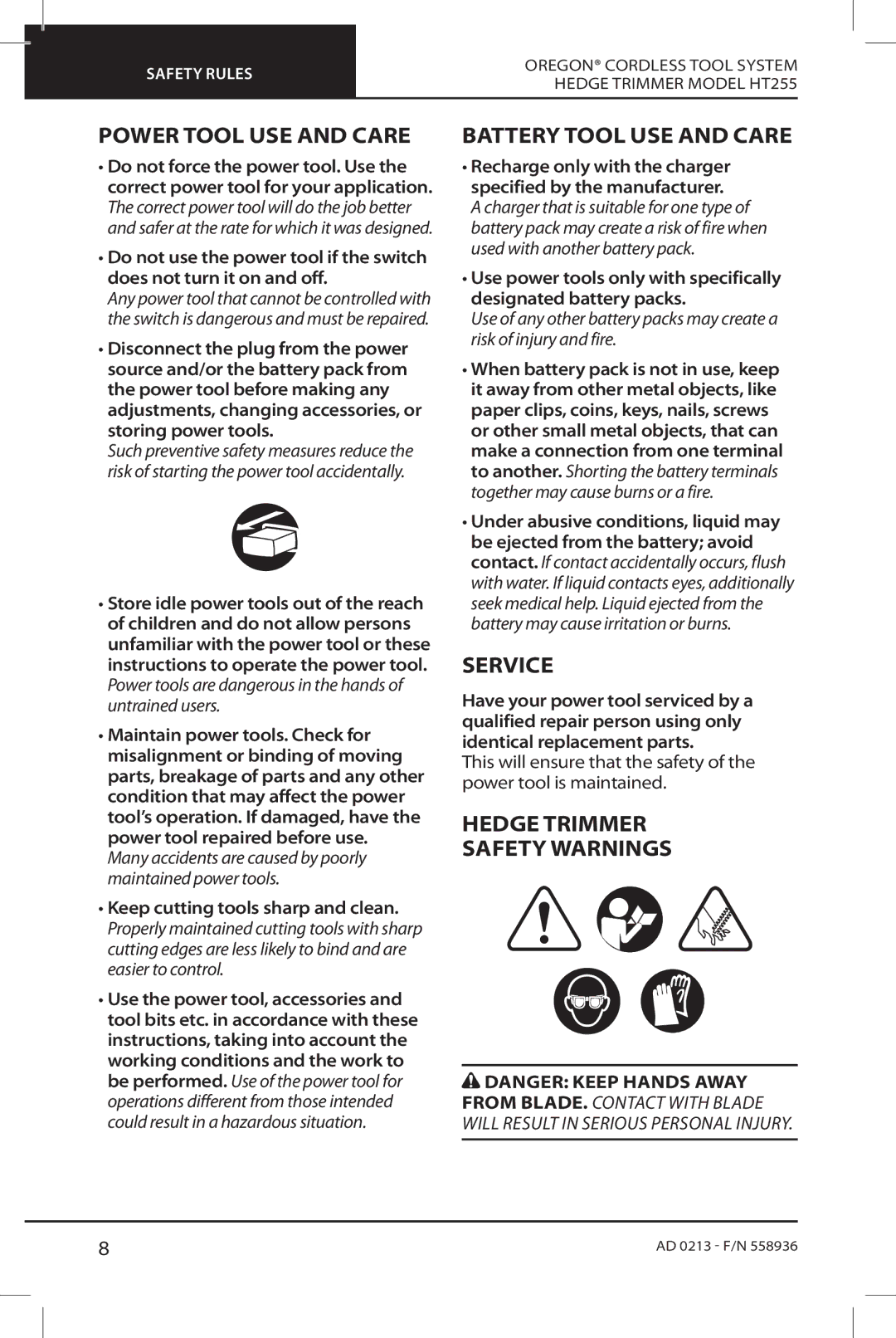 Oregon HT255 instruction manual Power Tool USE and Care, Battery Tool USE and Care, Service, Hedge Trimmer Safety Warnings 