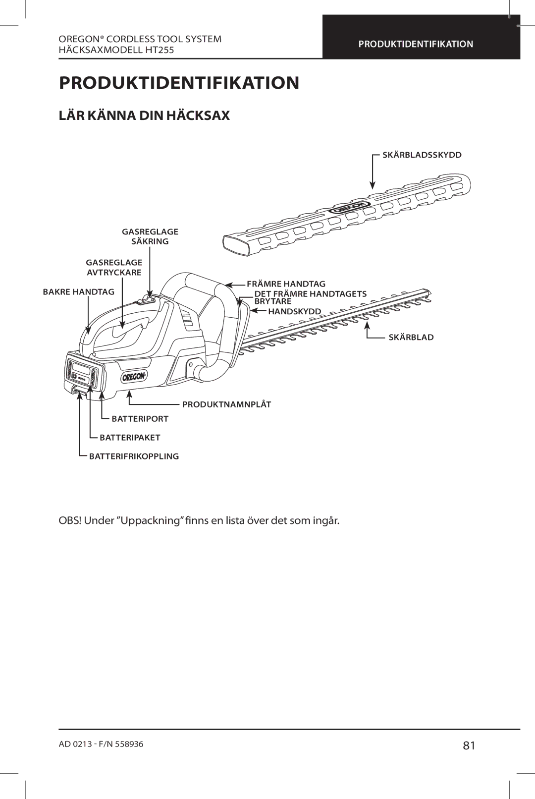 Oregon HT255 instruction manual Produktidentifikation, LÄR Känna DIN Häcksax 