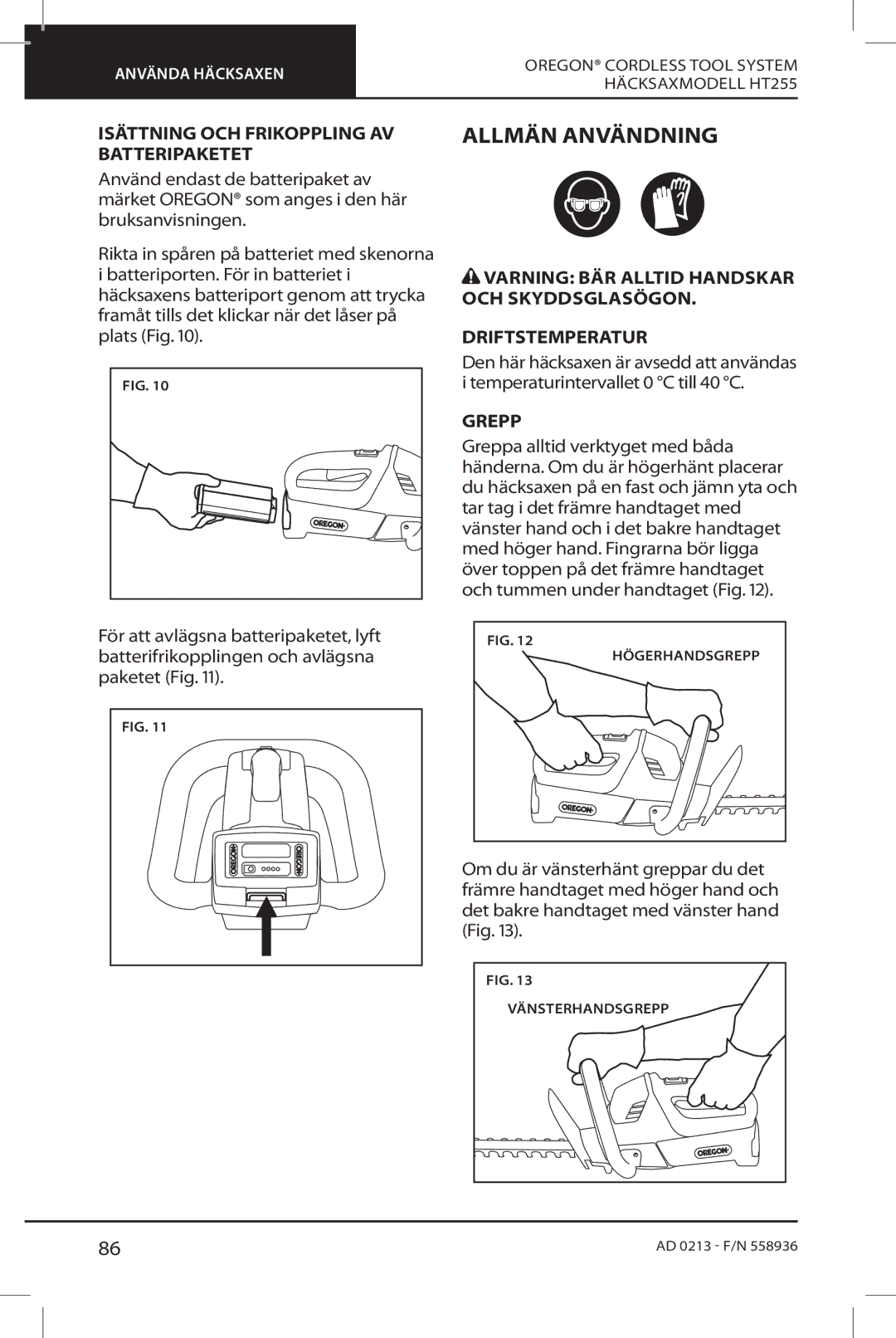 Oregon HT255 instruction manual Allmän Användning, Isättning OCH Frikoppling AV Batteripaketet, Grepp 