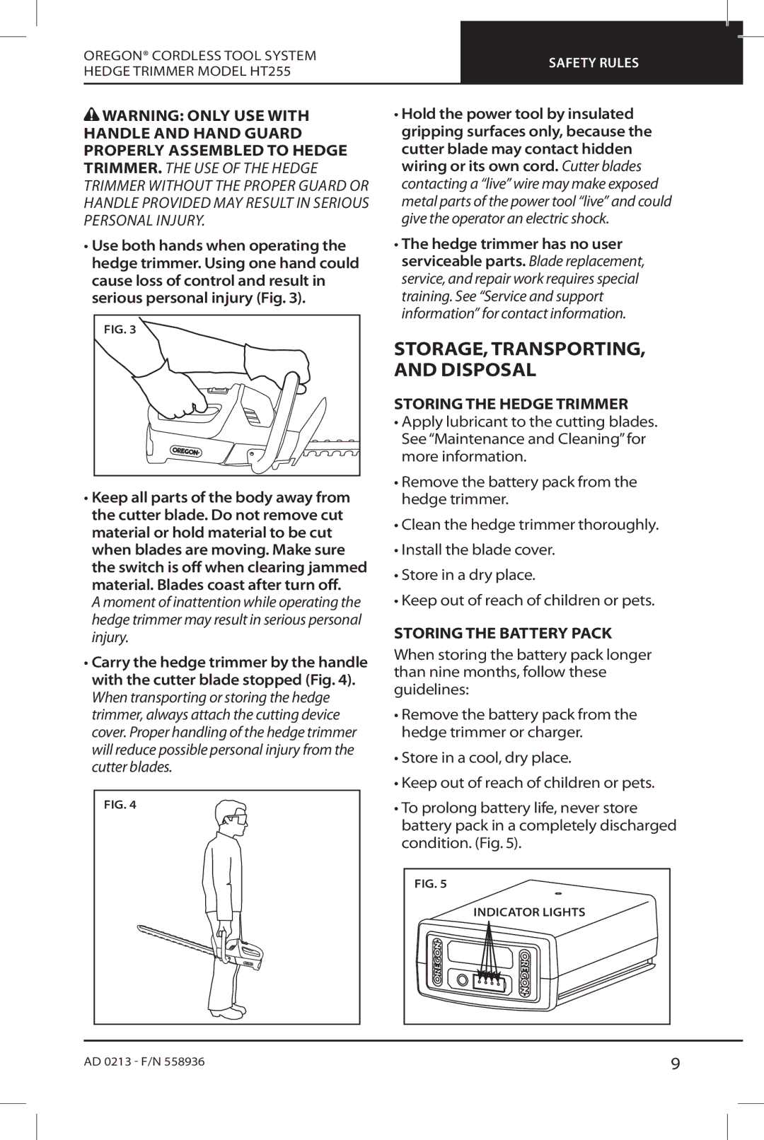 Oregon HT255 instruction manual STORAGE, TRANSPORTING, and Disposal, Storing the Hedge Trimmer, Storing the Battery Pack 