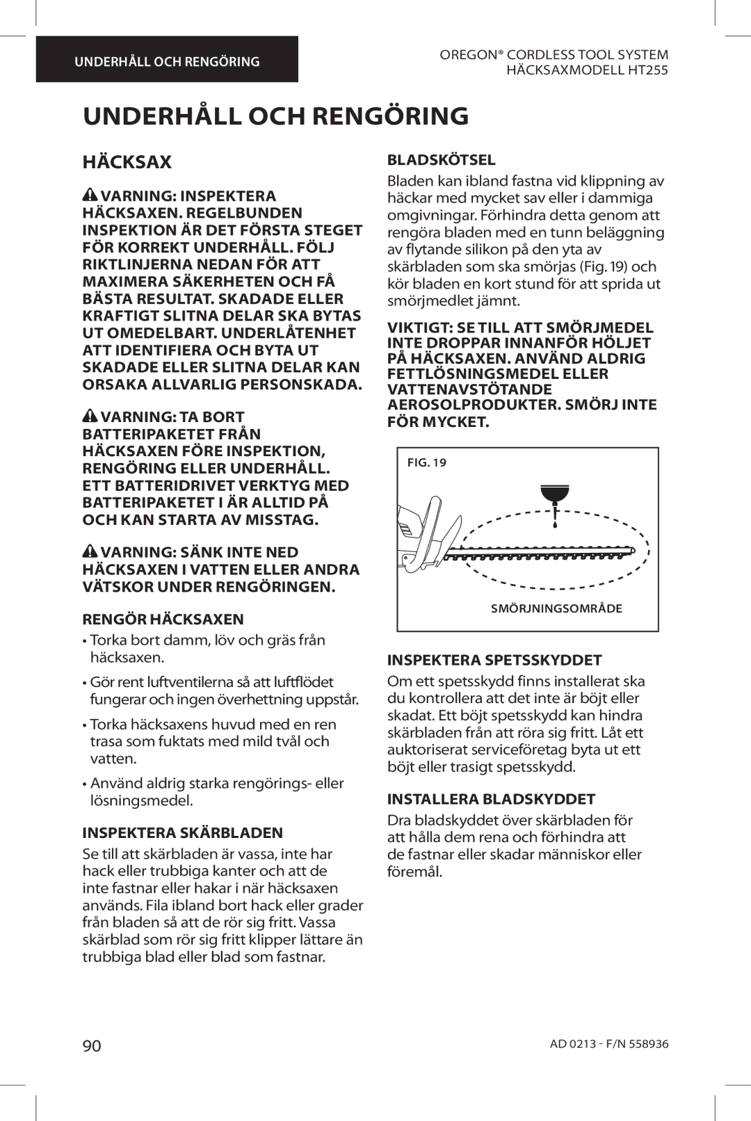 Oregon HT255 instruction manual Underhåll OCH Rengöring, Häcksax 