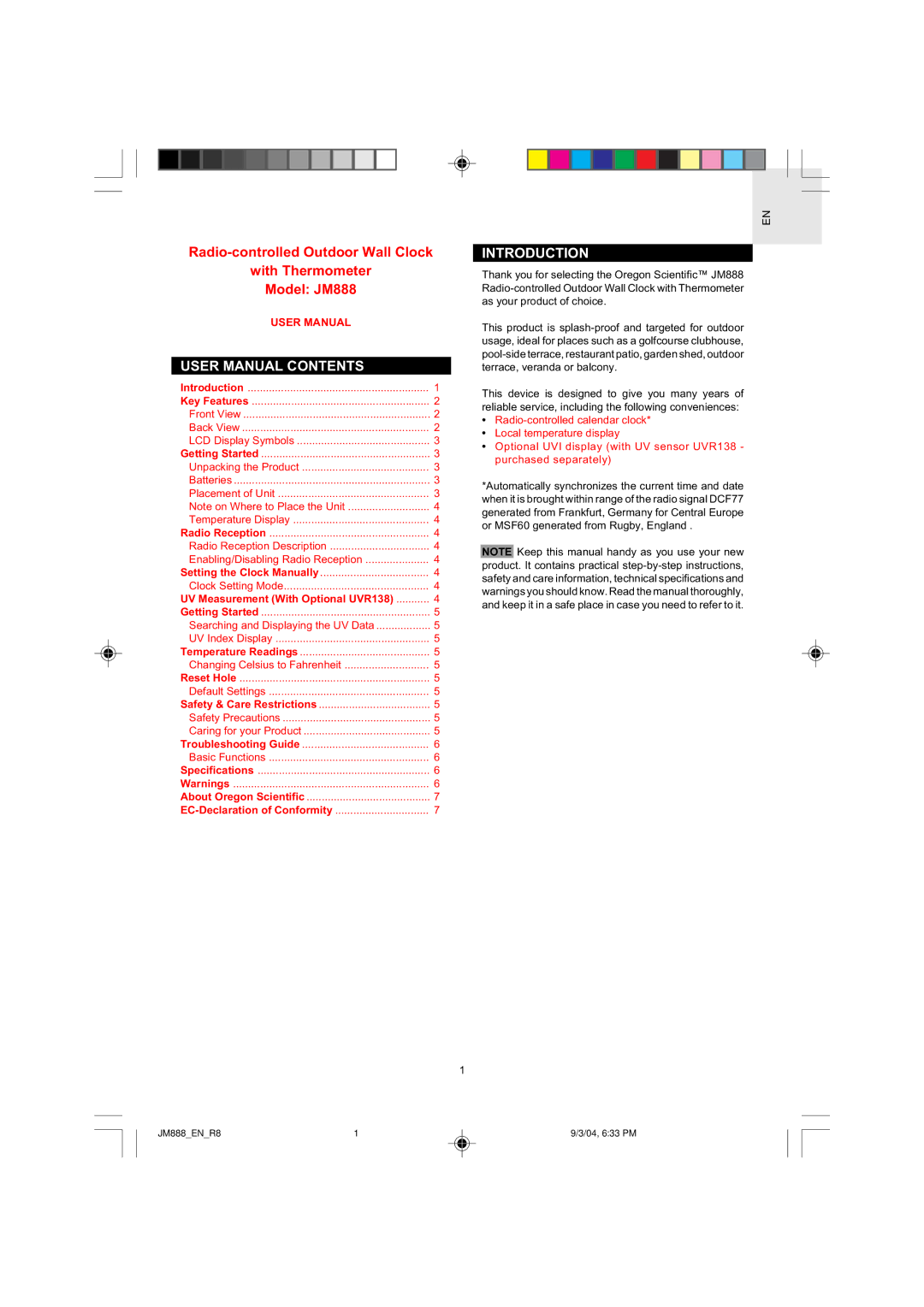 Oregon user manual Model JM888, Introduction 