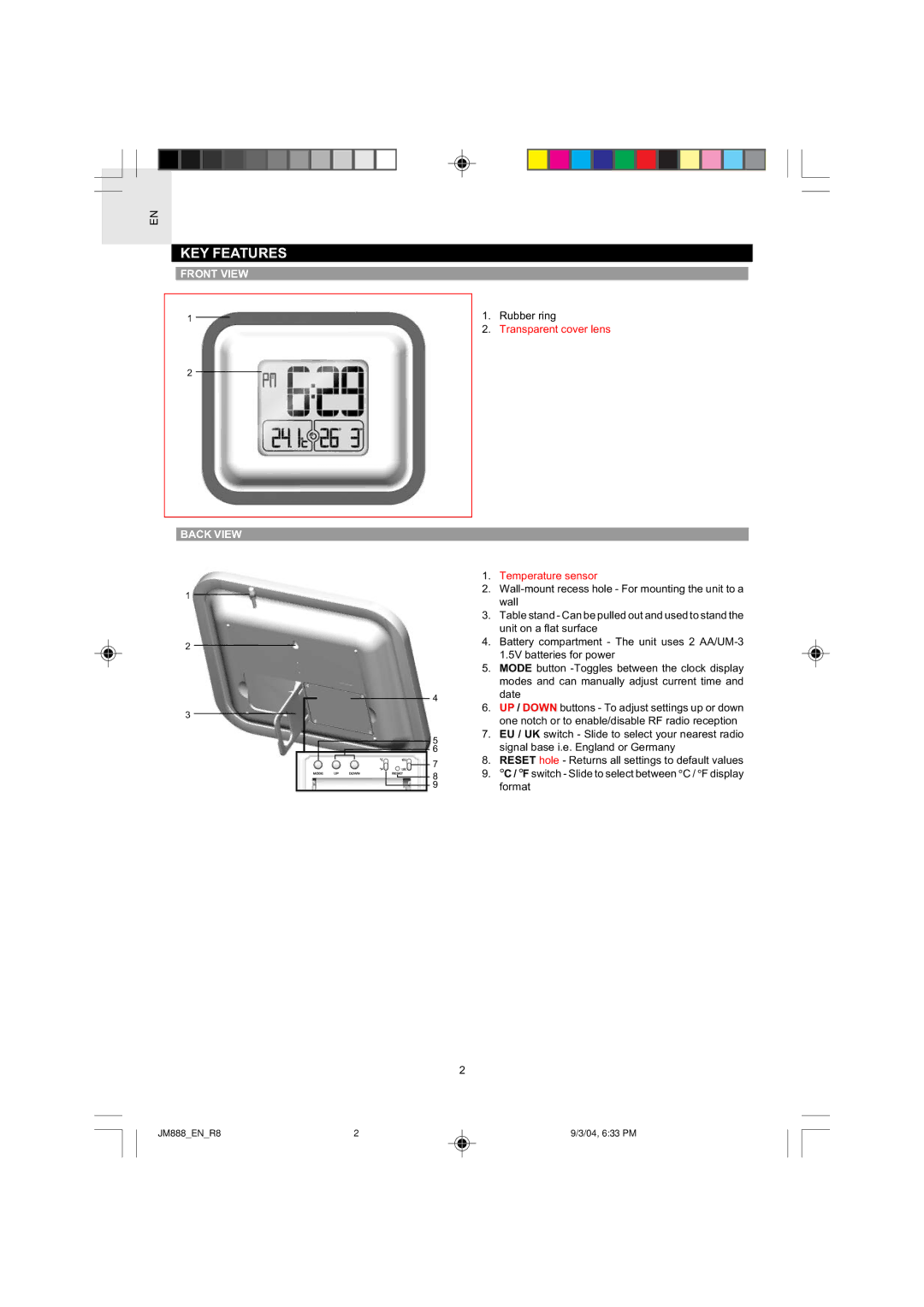 Oregon JM888 user manual KEY Features, Front View, Back View 