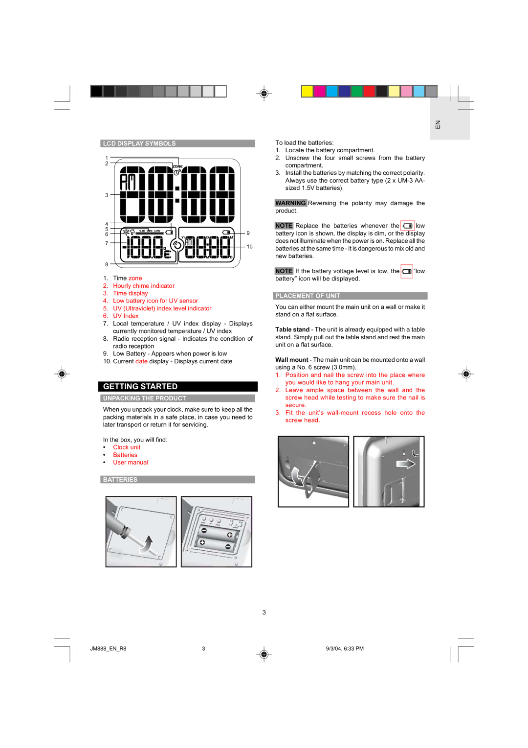 Oregon JM888 user manual Getting Started, LCD Display Symbols, Unpacking the Product, Batteries, Placement of Unit 