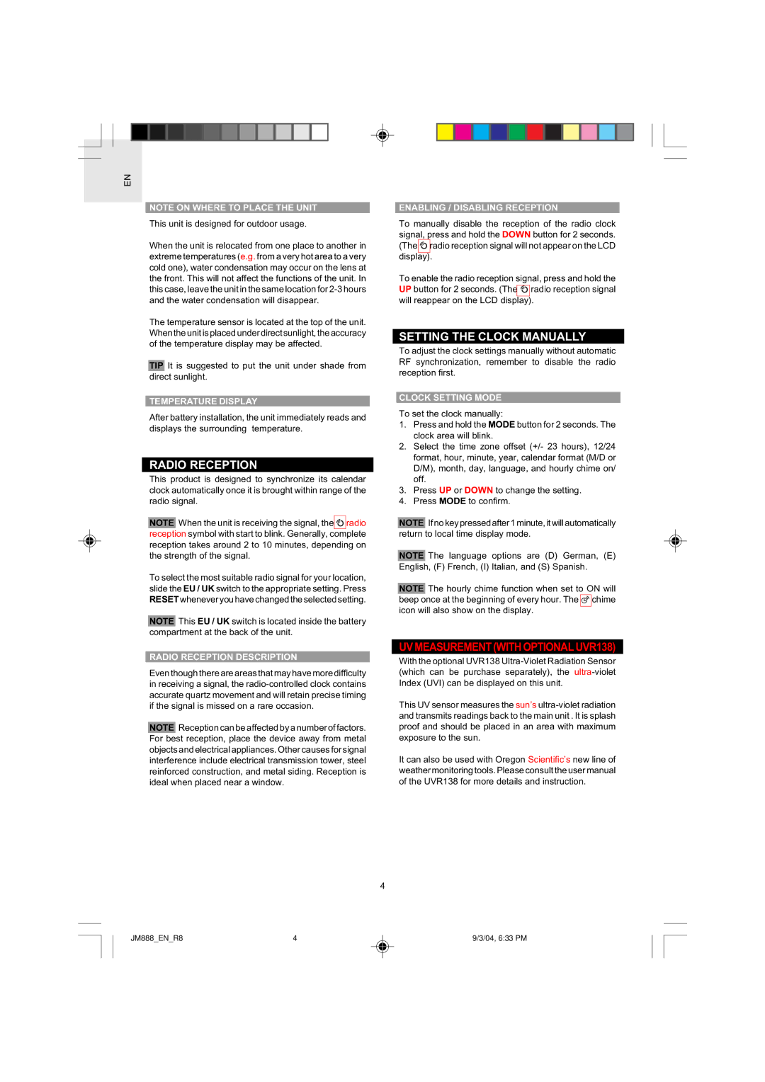 Oregon JM888 user manual Radio Reception, Setting the Clock Manually 