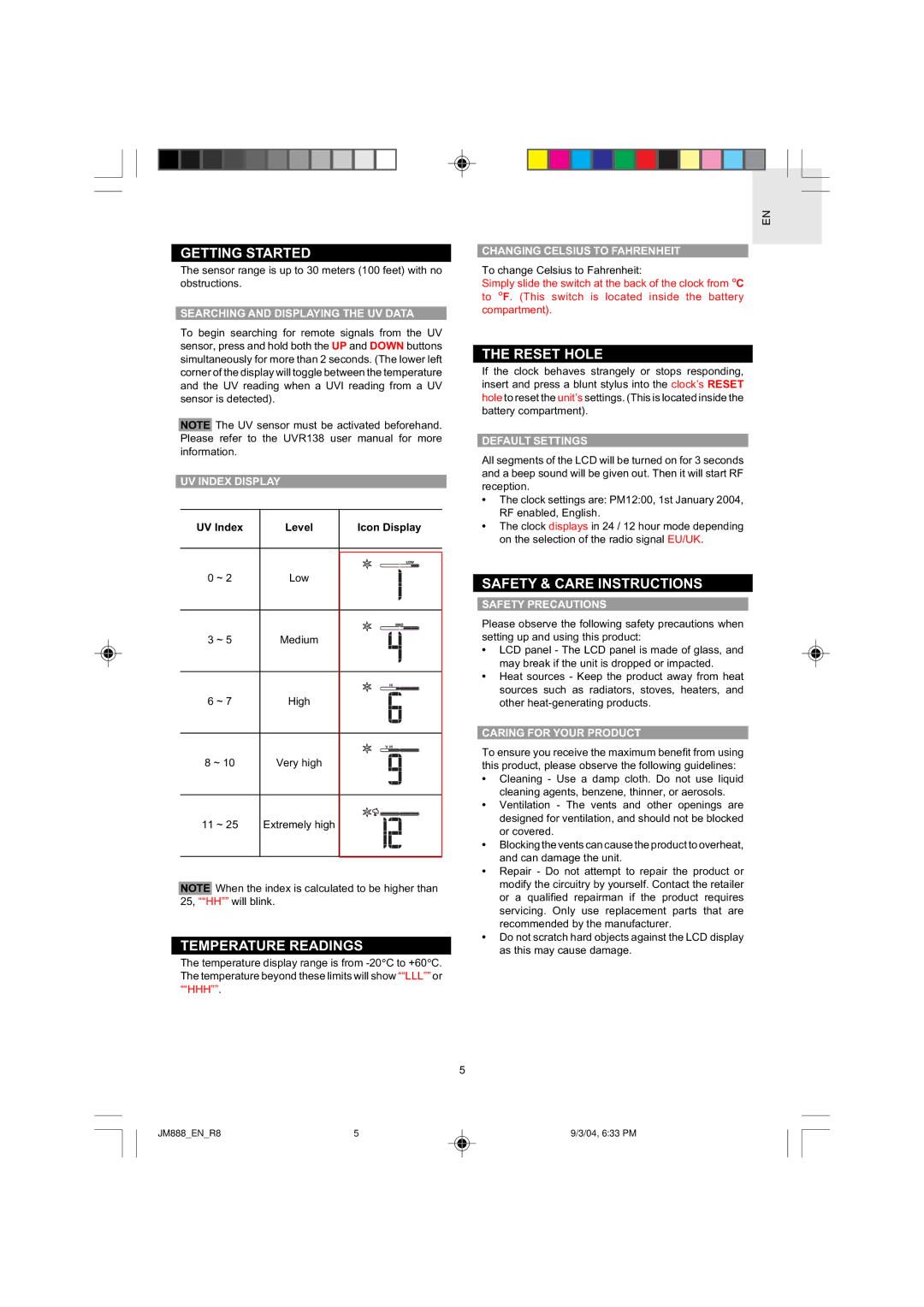 Oregon JM888 user manual Temperature Readings, Reset Hole, Safety & Care Instructions 