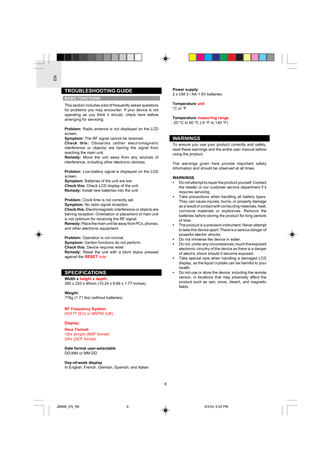 Oregon JM888 user manual Troubleshooting Guide, Specifications, Basic Functions 