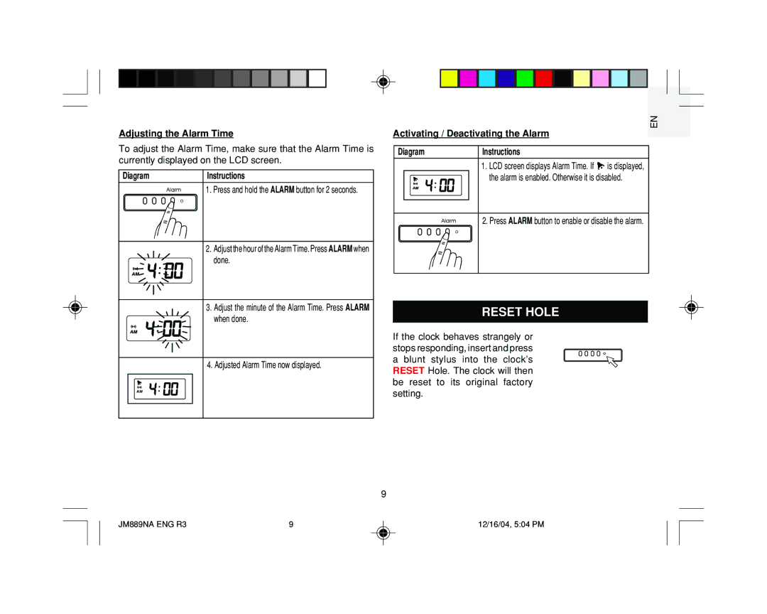 Oregon JM889NA user manual Reset Hole, Adjusting the Alarm Time, Activating / Deactivating the Alarm Diagram Instructions 